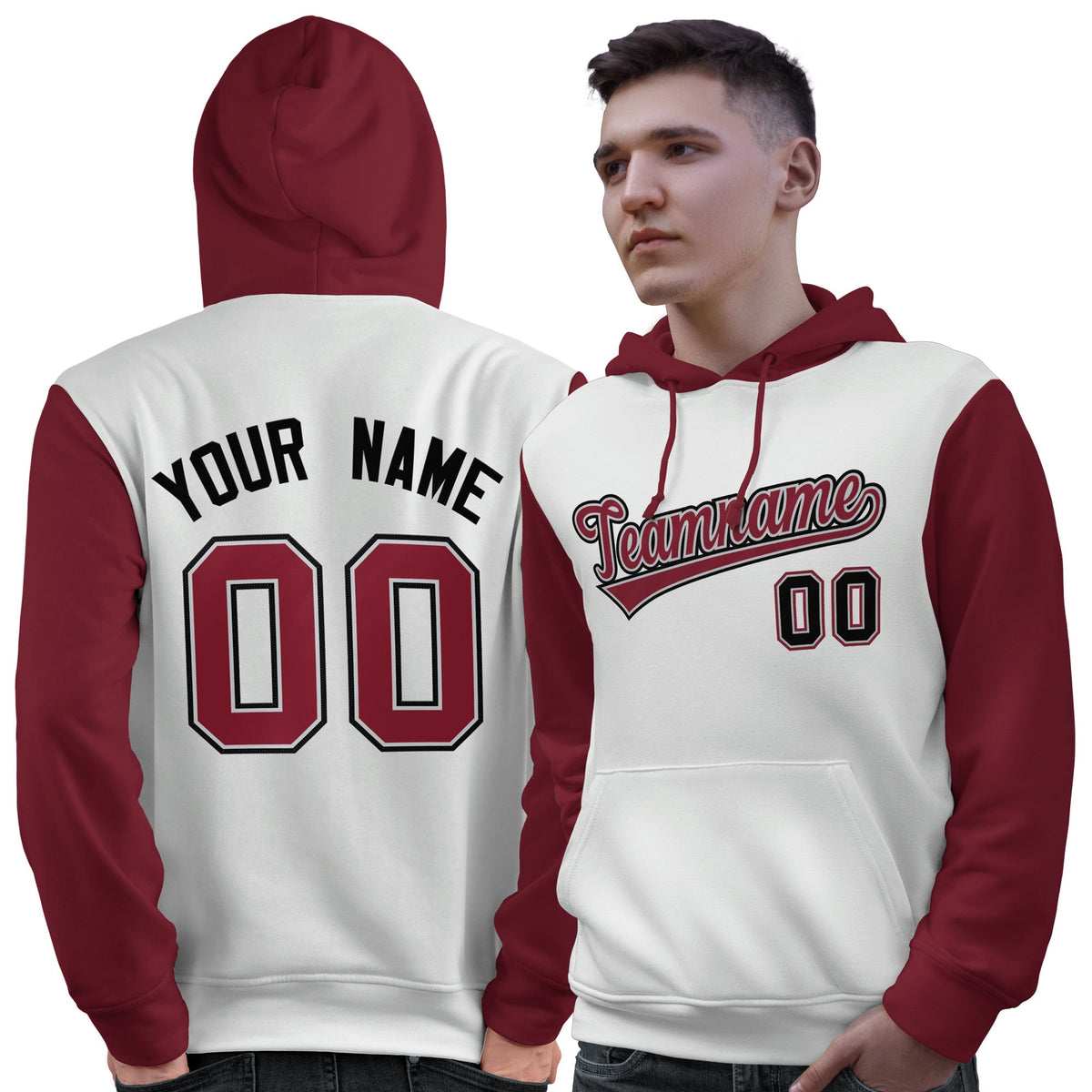 Custom White Crimson-Black Raglan Sleeves Pullover Personalized Sweatshirt Hoodie| KXKSHOP