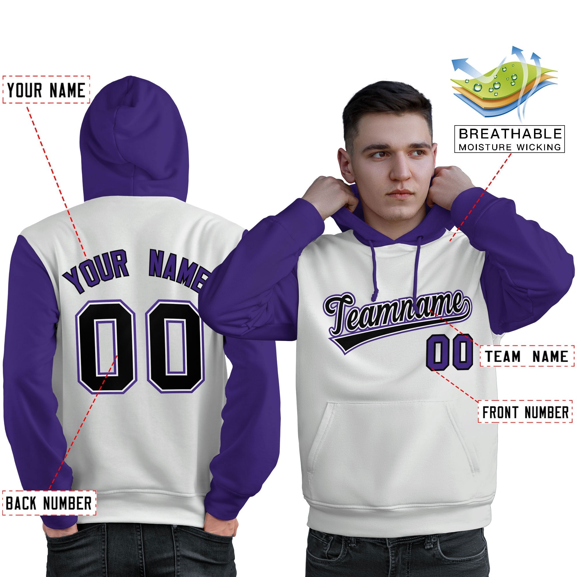 Custom White Black-Purple Raglan Sleeves Pullover Personalized Sweatshirt Hoodie| KXKSHOP