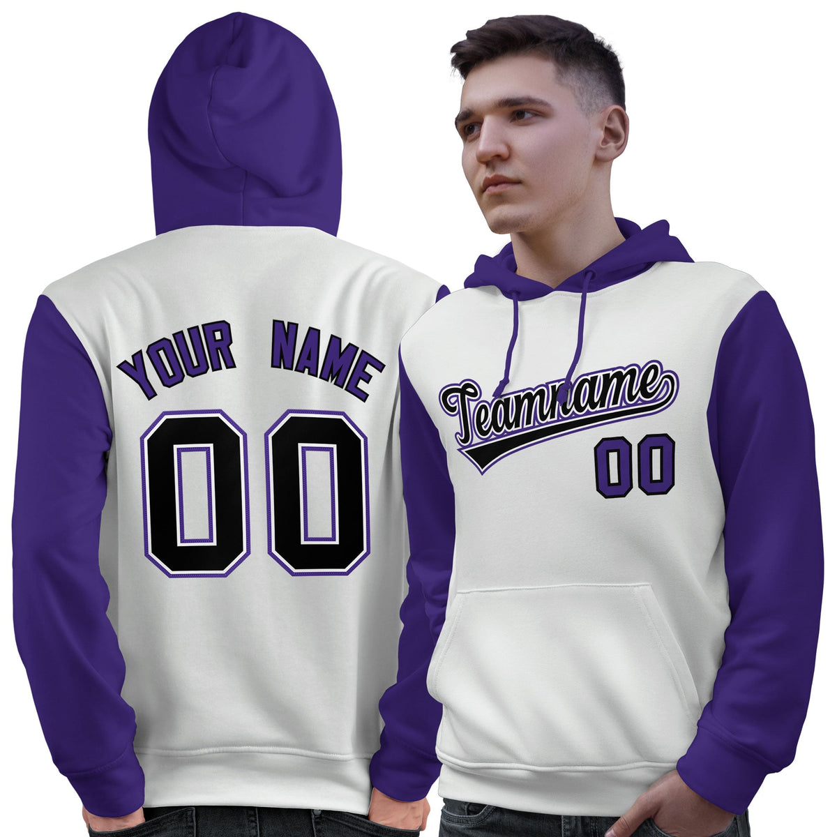 Custom White Black-Purple Raglan Sleeves Pullover Personalized Sweatshirt Hoodie| KXKSHOP