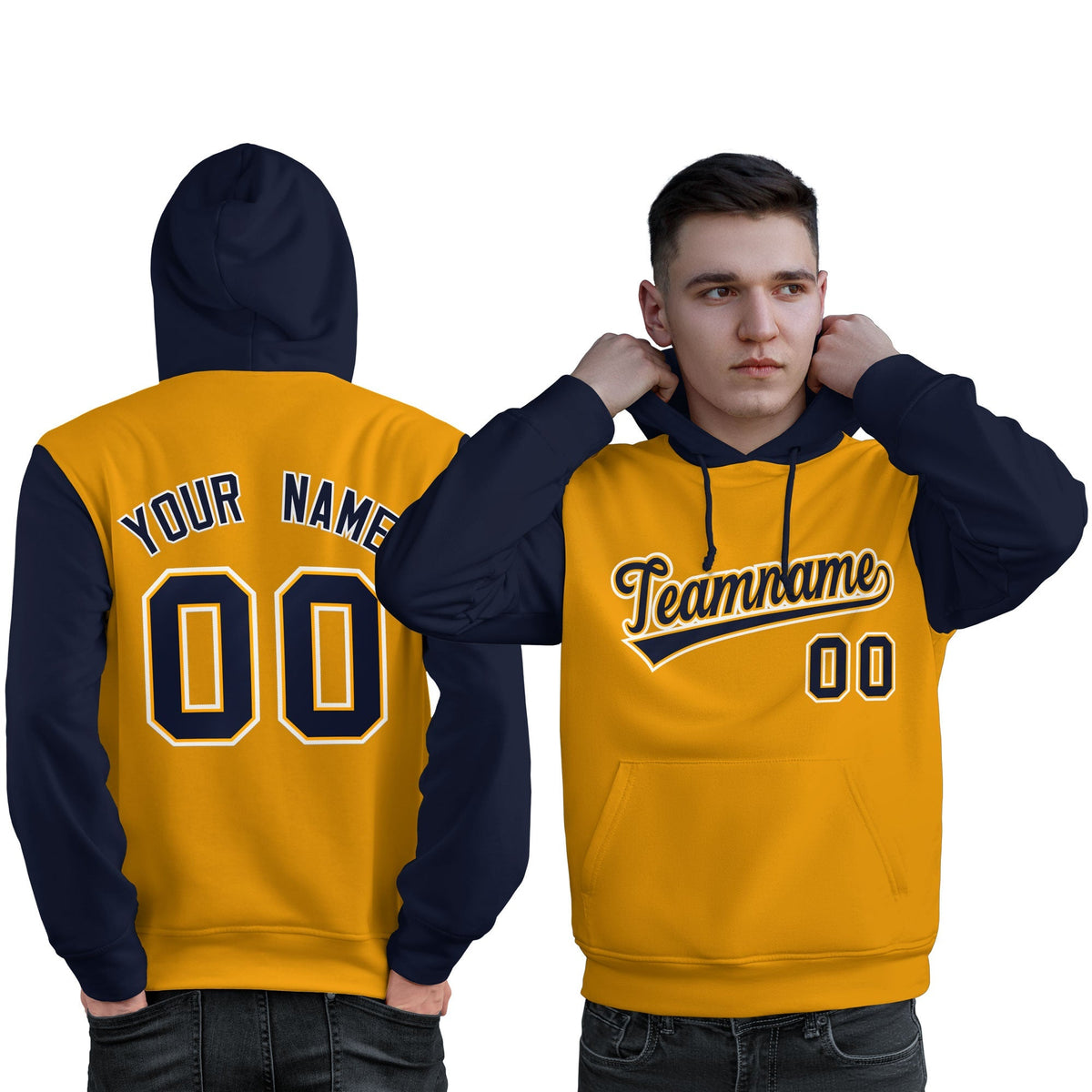Custom Gold Navy-White Raglan Sleeves Pullover Personalized Sweatshirt Hoodie| KXKSHOP
