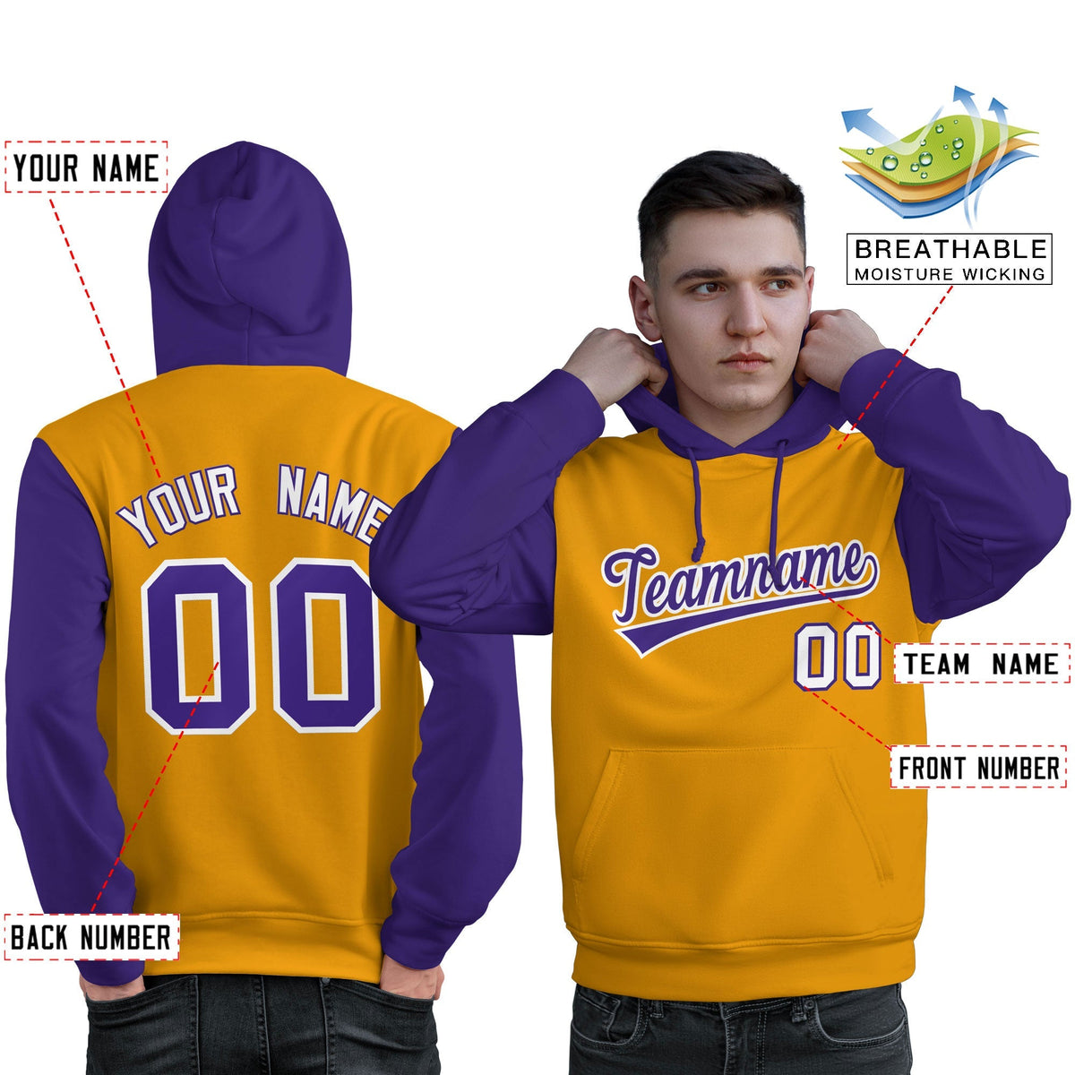 Custom Gold Purple-White Raglan Sleeves Pullover Personalized Sweatshirt Hoodie| KXKSHOP