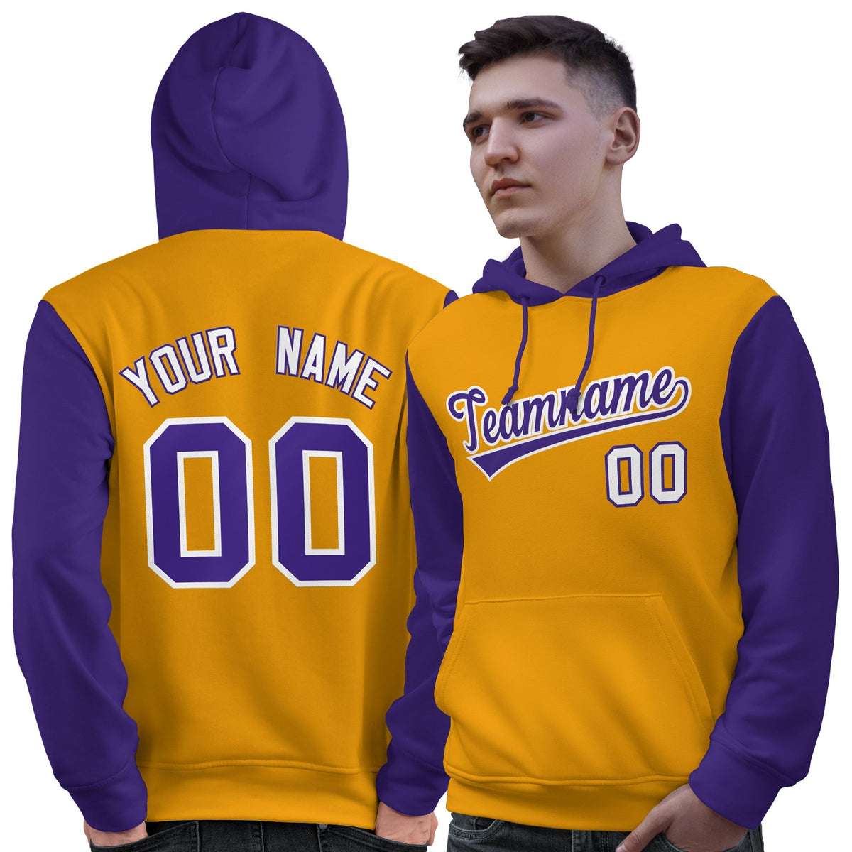 Custom Gold Purple-White Raglan Sleeves Pullover Personalized Sweatshirt Hoodie| KXKSHOP