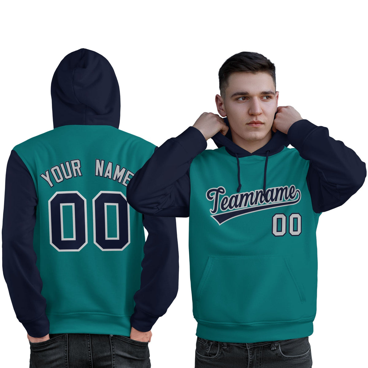 Custom Aqua Navy-Gray Raglan Sleeves Pullover Personalized Sweatshirt Hoodie| KXKSHOP
