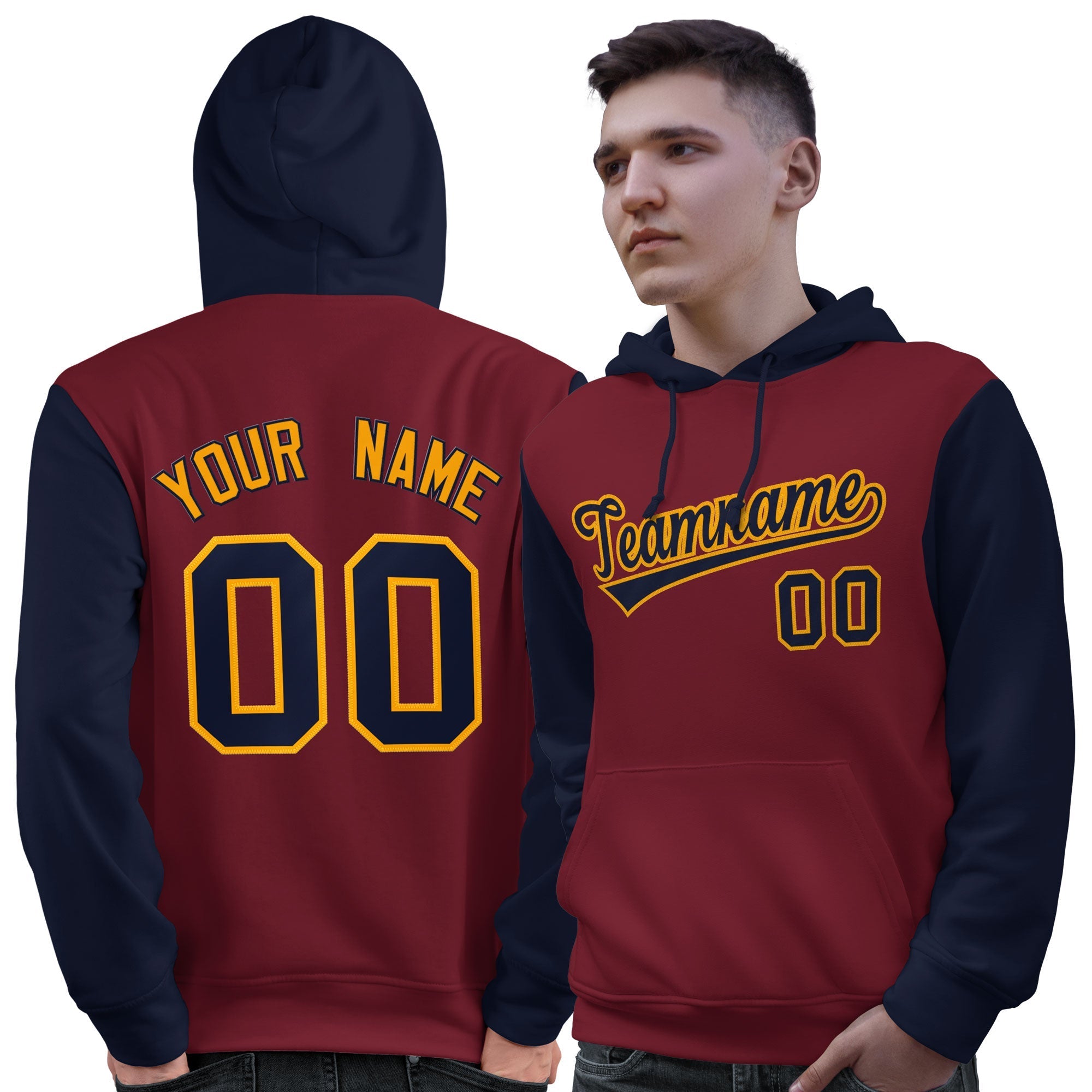 Custom Crimson Navy-Gold Raglan Sleeves Pullover Personalized Sweatshirt Hoodie| KXKSHOP