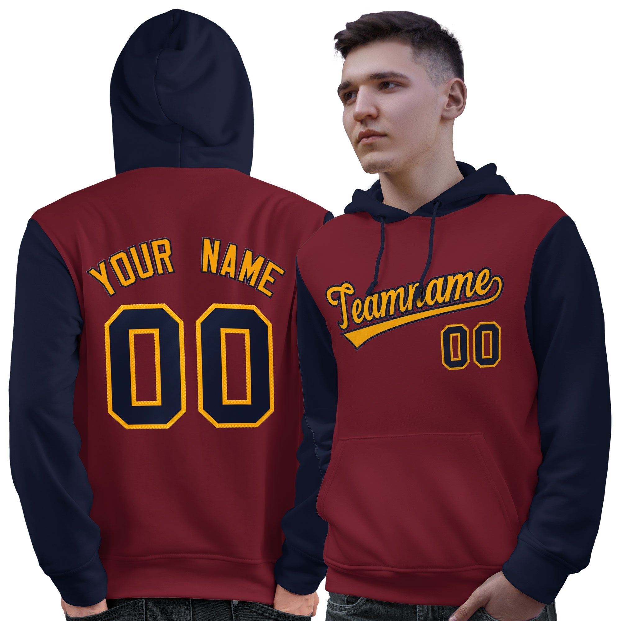 Custom Crimson Gold-Navy Raglan Sleeves Pullover Personalized Sweatshirt Hoodie| KXKSHOP