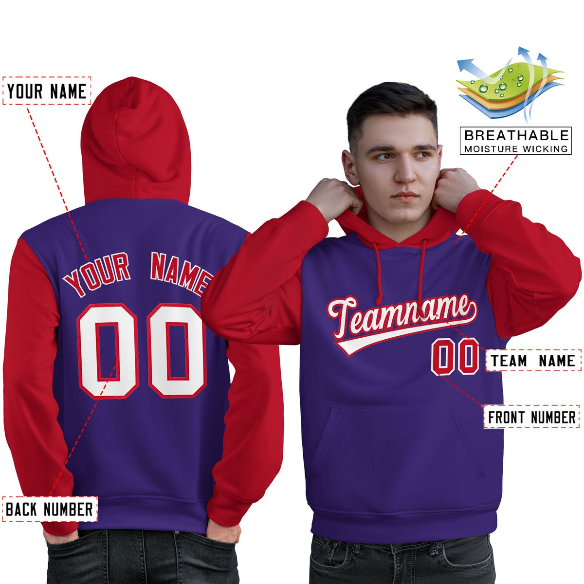 Custom Purple White-Red Raglan Sleeves Pullover Personalized Sweatshirt Hoodie| KXKSHOP