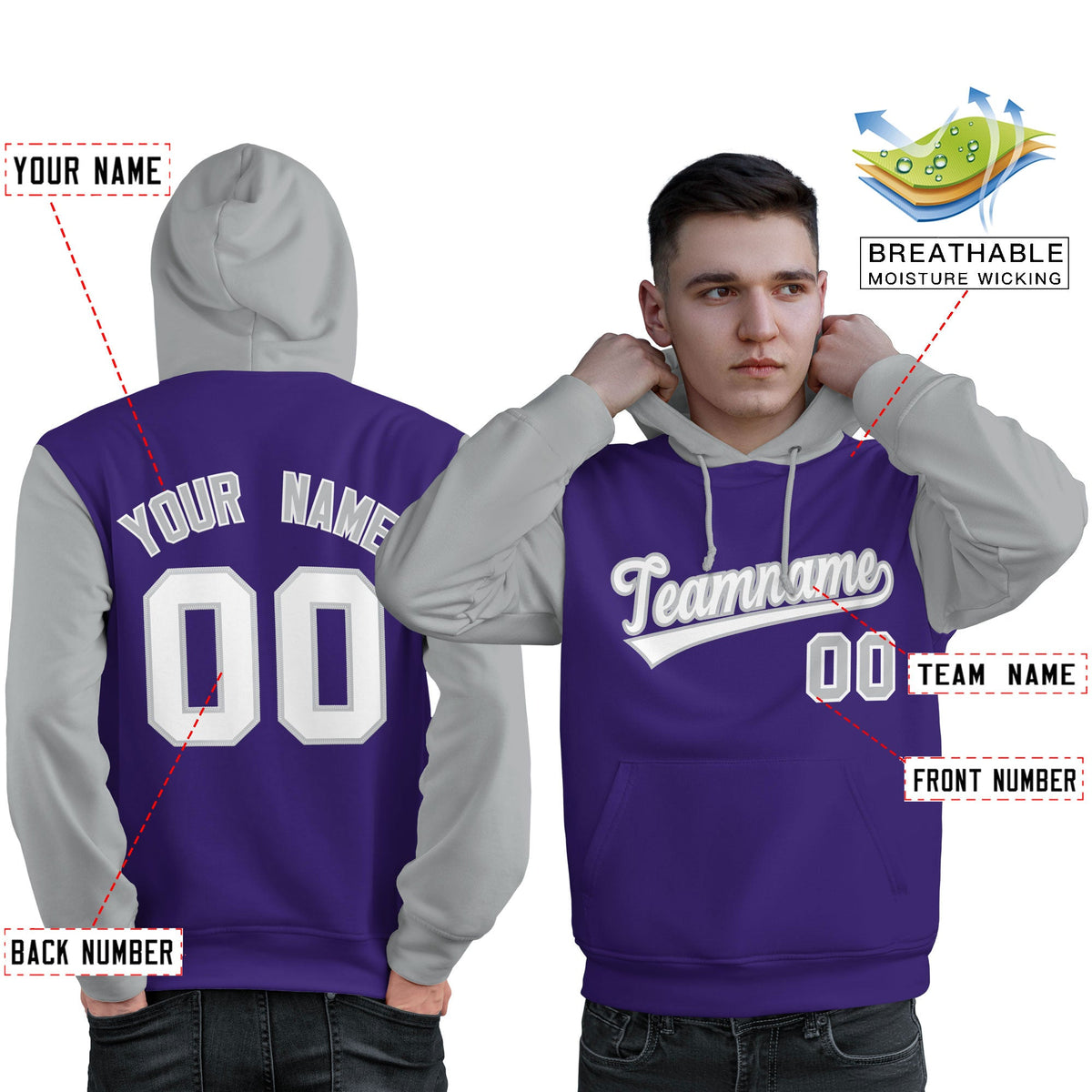 Custom Purple White-Gray Raglan Sleeves Pullover Personalized Sweatshirt Hoodie| KXKSHOP