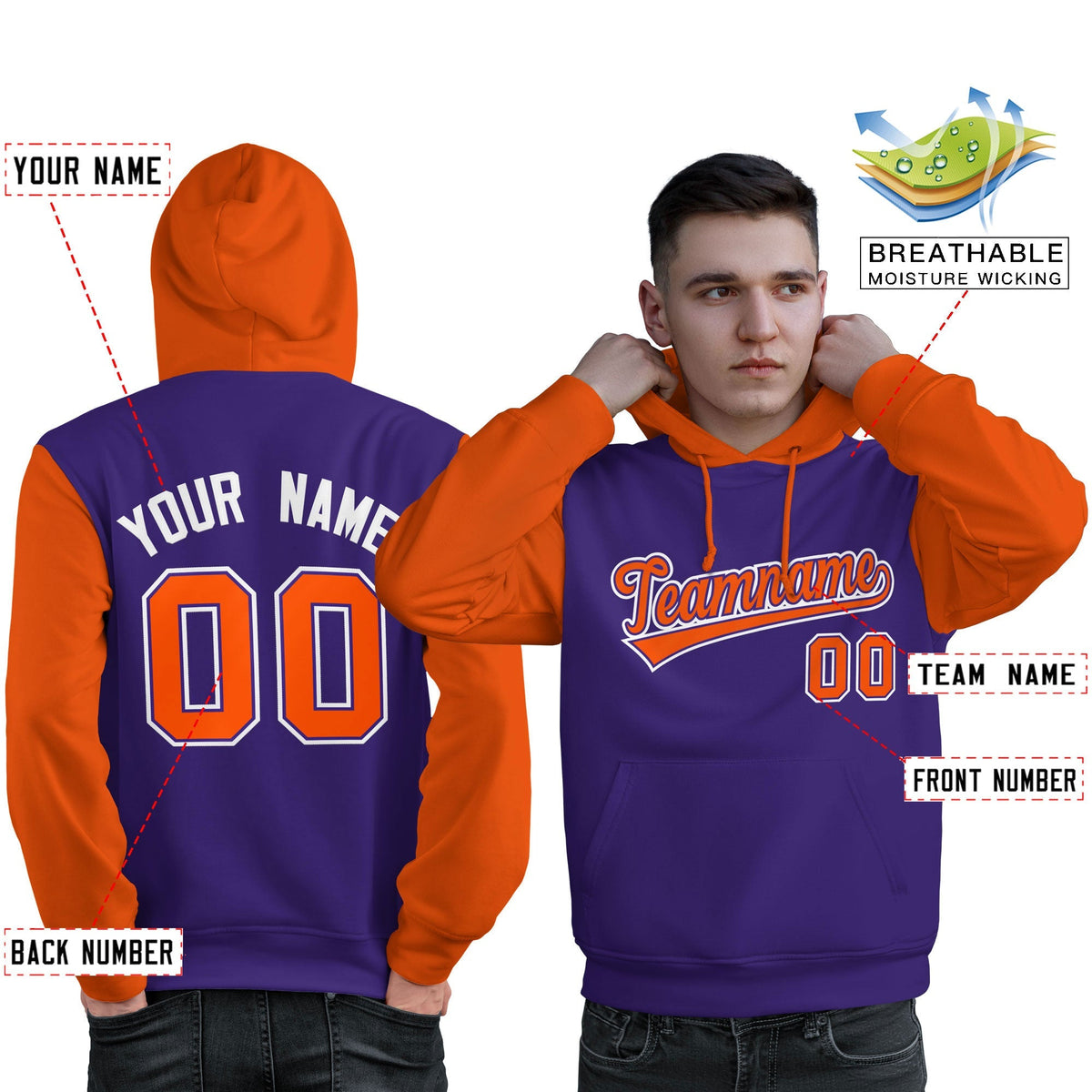 Custom Purple Orange-White Raglan Sleeves Pullover Personalized Sweatshirt Hoodie| KXKSHOP