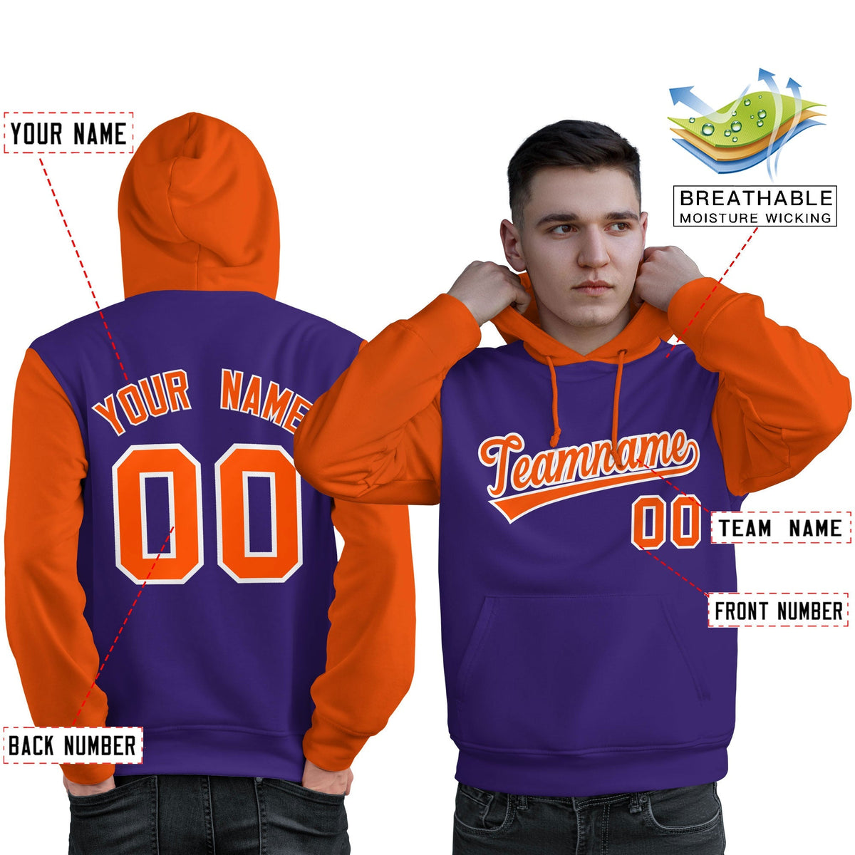 Custom Purple Orange-White Raglan Sleeves Pullover Personalized Sweatshirt Hoodie| KXKSHOP