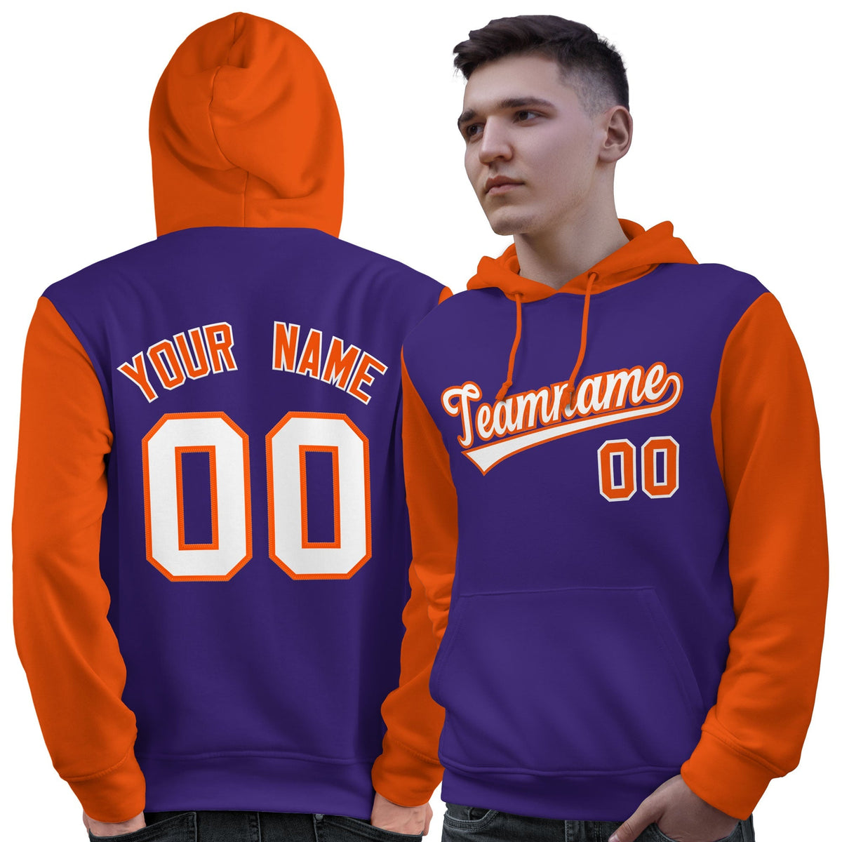 Custom Purple White-Orange Raglan Sleeves Pullover Personalized Sweatshirt Hoodie| KXKSHOP