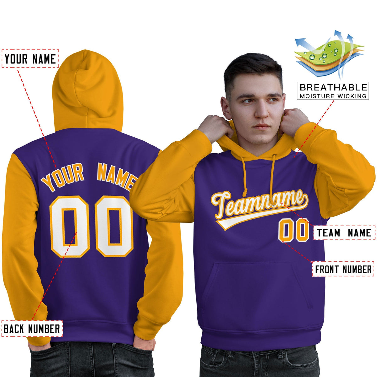 Custom Purple White-Gold Raglan Sleeves Pullover Personalized Sweatshirt Hoodie| KXKSHOP