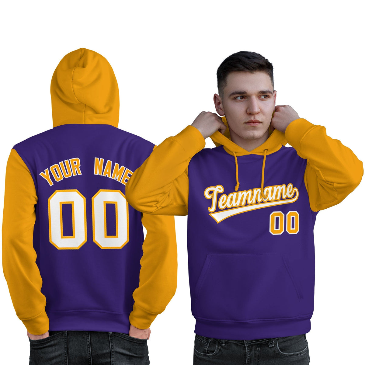 Custom Purple White-Gold Raglan Sleeves Pullover Personalized Sweatshirt Hoodie| KXKSHOP