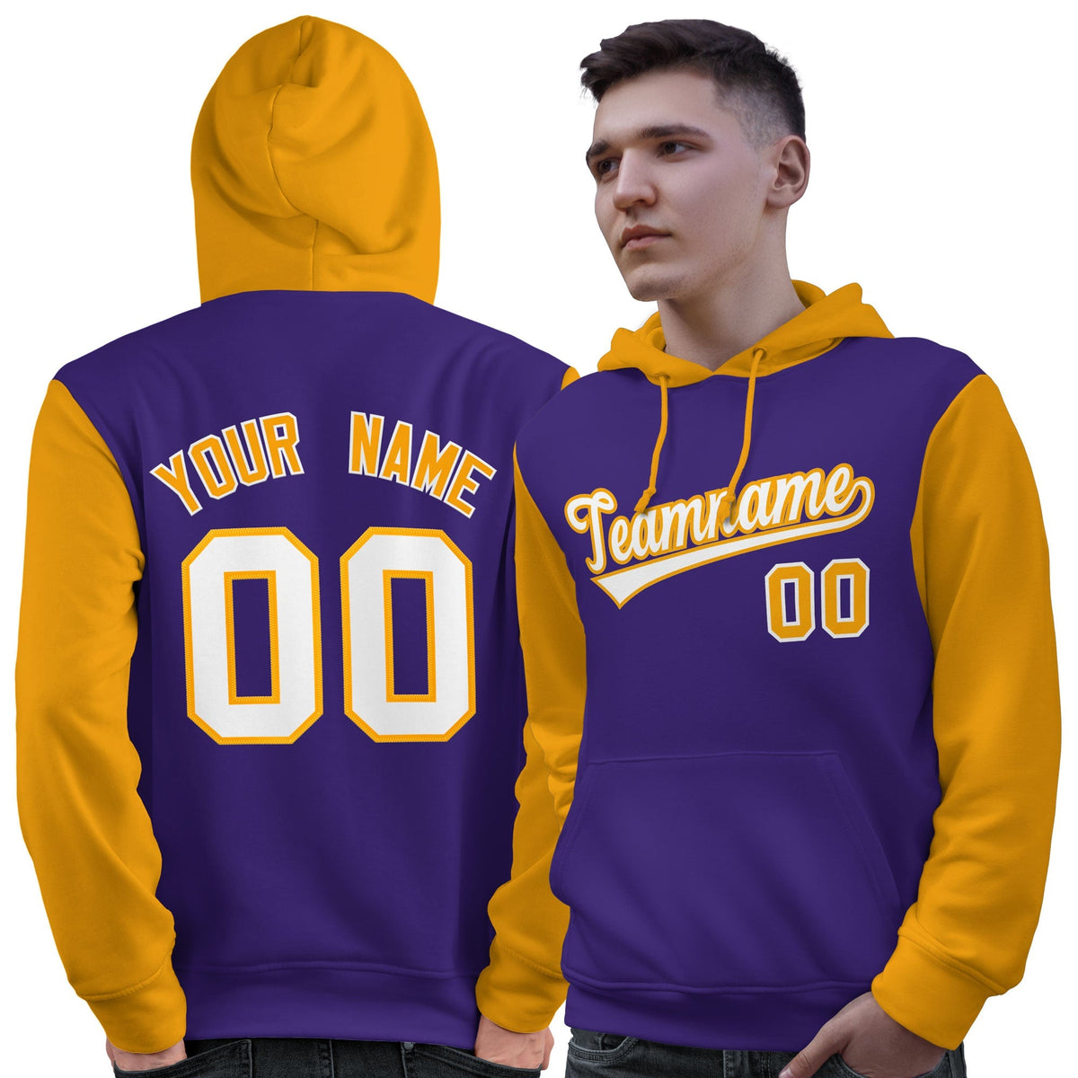Custom Purple White-Gold Raglan Sleeves Pullover Personalized Sweatshirt Hoodie| KXKSHOP