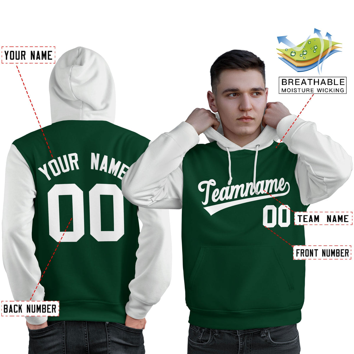 Custom Green White Raglan Sleeves Pullover Personalized Sweatshirt Hoodie| KXKSHOP
