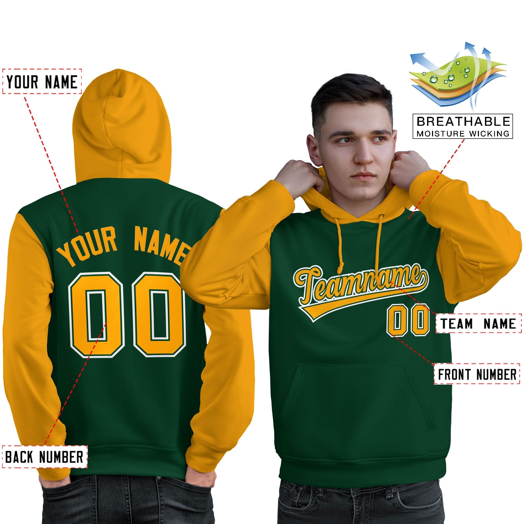 Custom Green Gold-White Raglan Sleeves Pullover Personalized Sweatshirt Hoodie| KXKSHOP