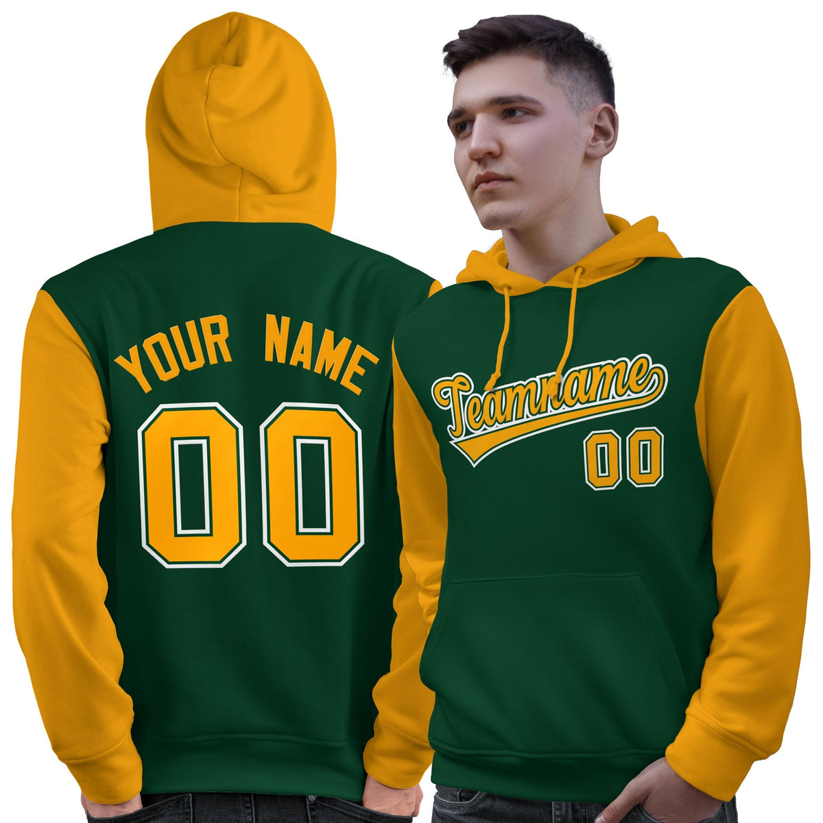 Custom Green Gold-White Raglan Sleeves Pullover Personalized Sweatshirt Hoodie| KXKSHOP