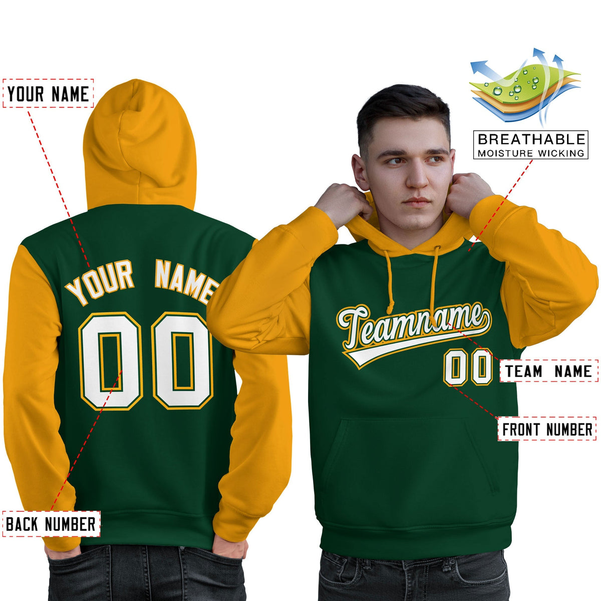 Custom Green White-Gold Raglan Sleeves Pullover Personalized Sweatshirt Hoodie| KXKSHOP