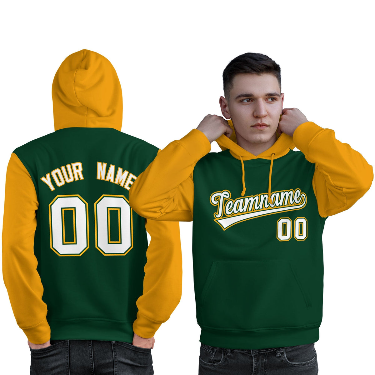 Custom Green White-Gold Raglan Sleeves Pullover Personalized Sweatshirt Hoodie| KXKSHOP