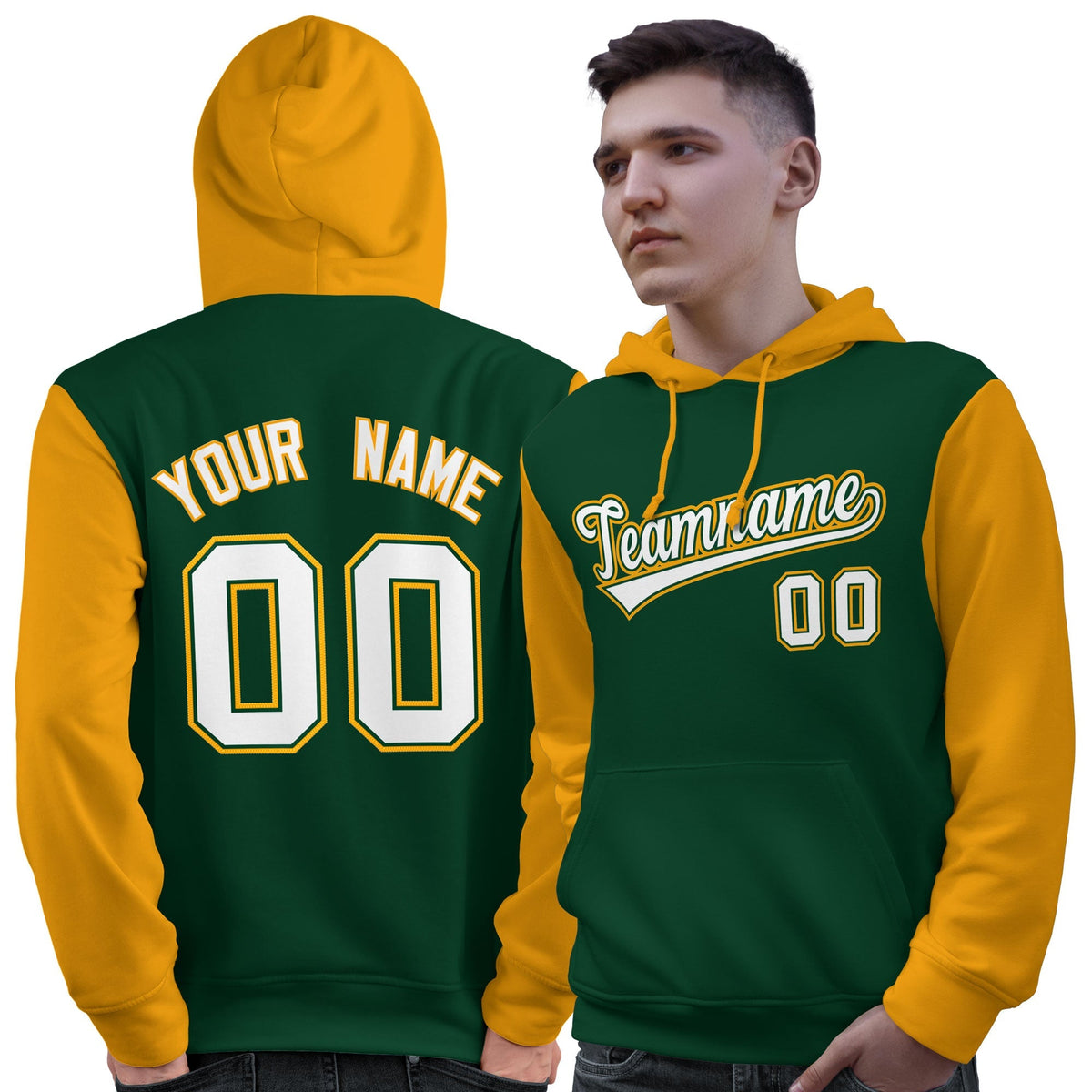 Custom Green White-Gold Raglan Sleeves Pullover Personalized Sweatshirt Hoodie| KXKSHOP