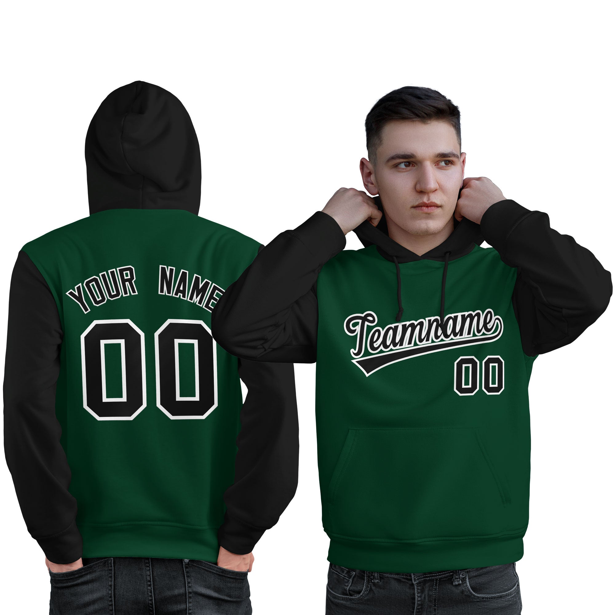 Custom Green Black-White Raglan Sleeves Pullover Personalized Sweatshirt Hoodie| KXKSHOP