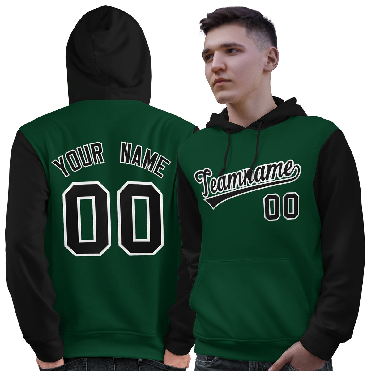 Custom Green Black-White Raglan Sleeves Pullover Personalized Sweatshirt Hoodie| KXKSHOP