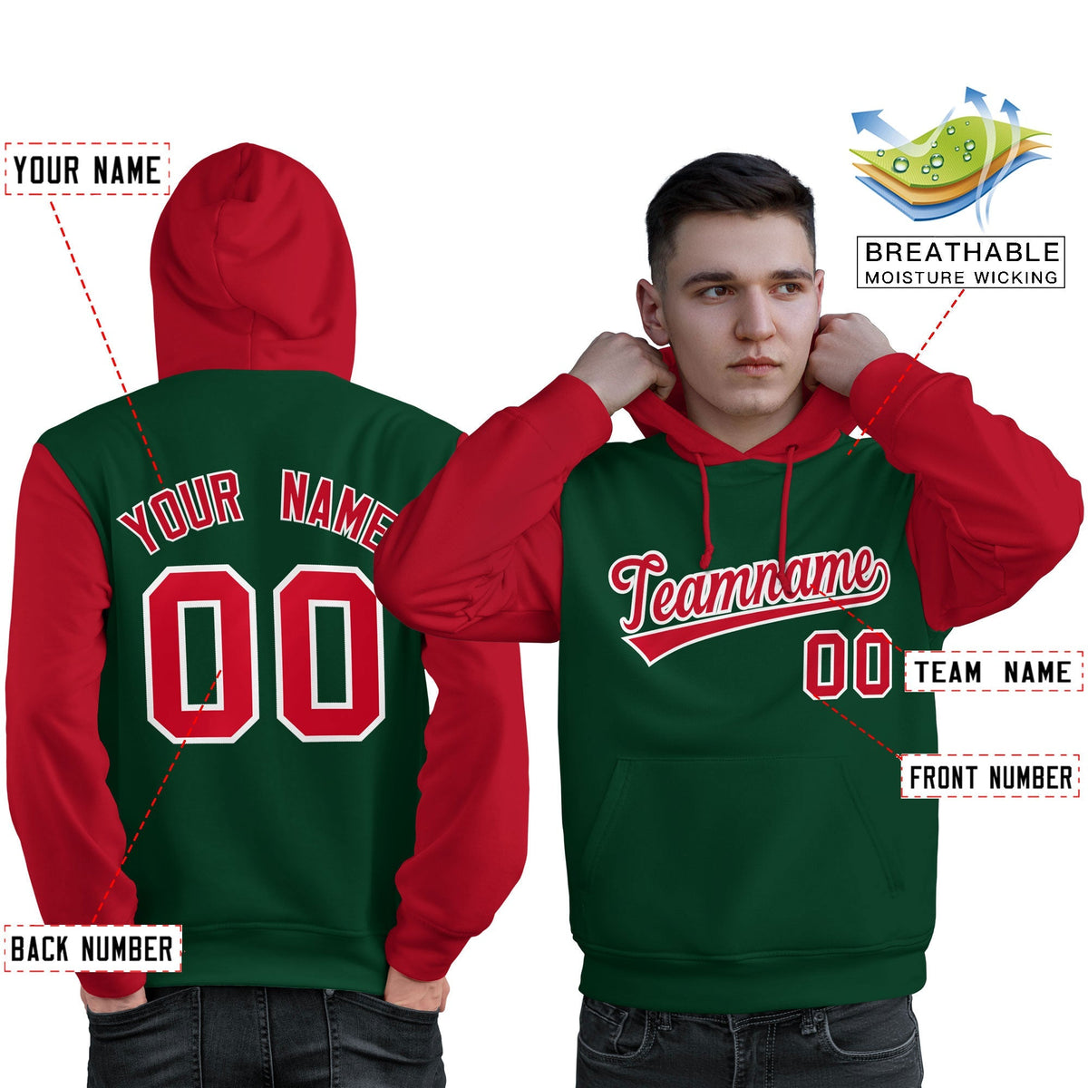 Custom Green Red-White Raglan Sleeves Pullover Personalized Sweatshirt Hoodie| KXKSHOP