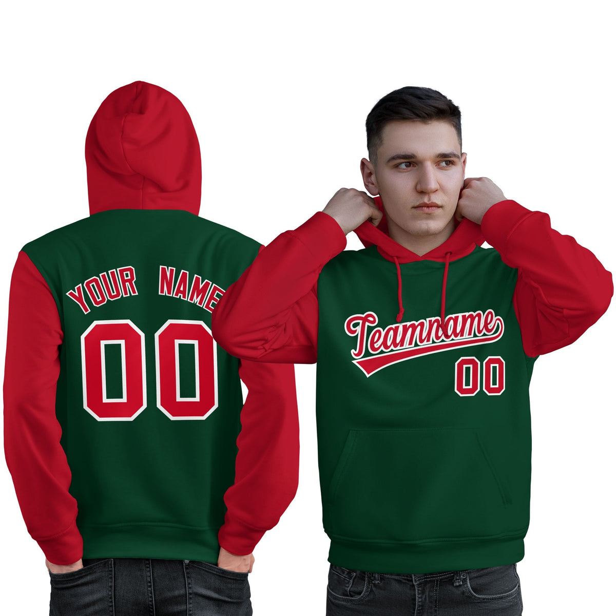 Custom Green Red-White Raglan Sleeves Pullover Personalized Sweatshirt Hoodie| KXKSHOP