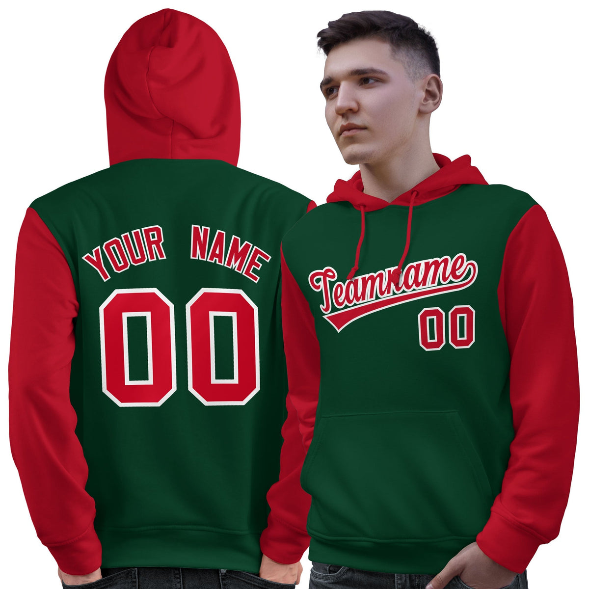 Custom Green Red-White Raglan Sleeves Pullover Personalized Sweatshirt Hoodie| KXKSHOP