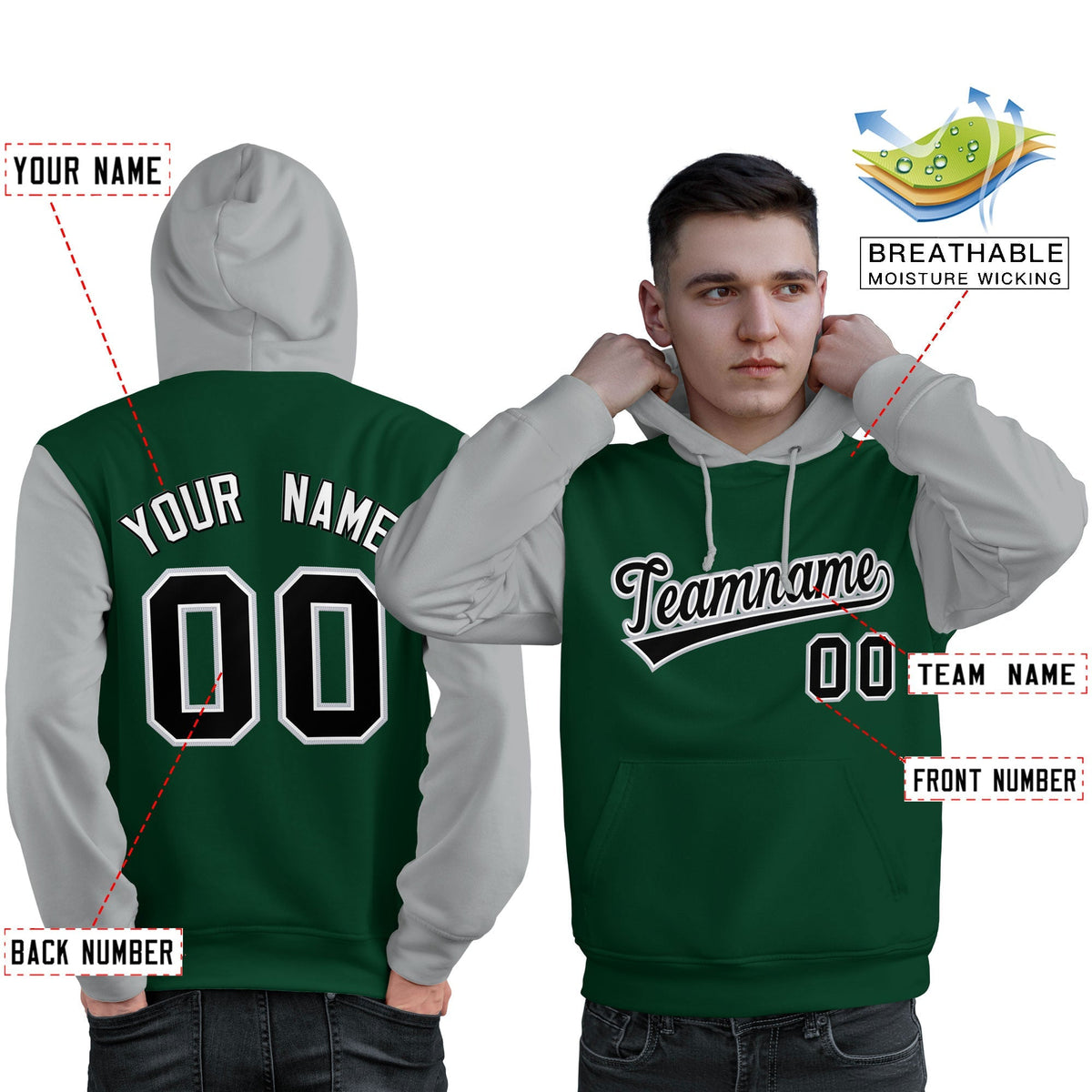 Custom Green Black-Gray Raglan Sleeves Pullover Personalized Sweatshirt Hoodie| KXKSHOP