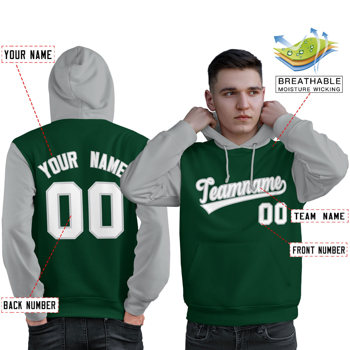 Custom Green White-Gray Raglan Sleeves Pullover Personalized Sweatshirt Hoodie| KXKSHOP