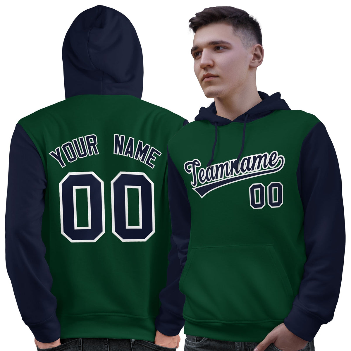 Custom Green Navy-White Raglan Sleeves Pullover Personalized Sweatshirt Hoodie| KXKSHOP