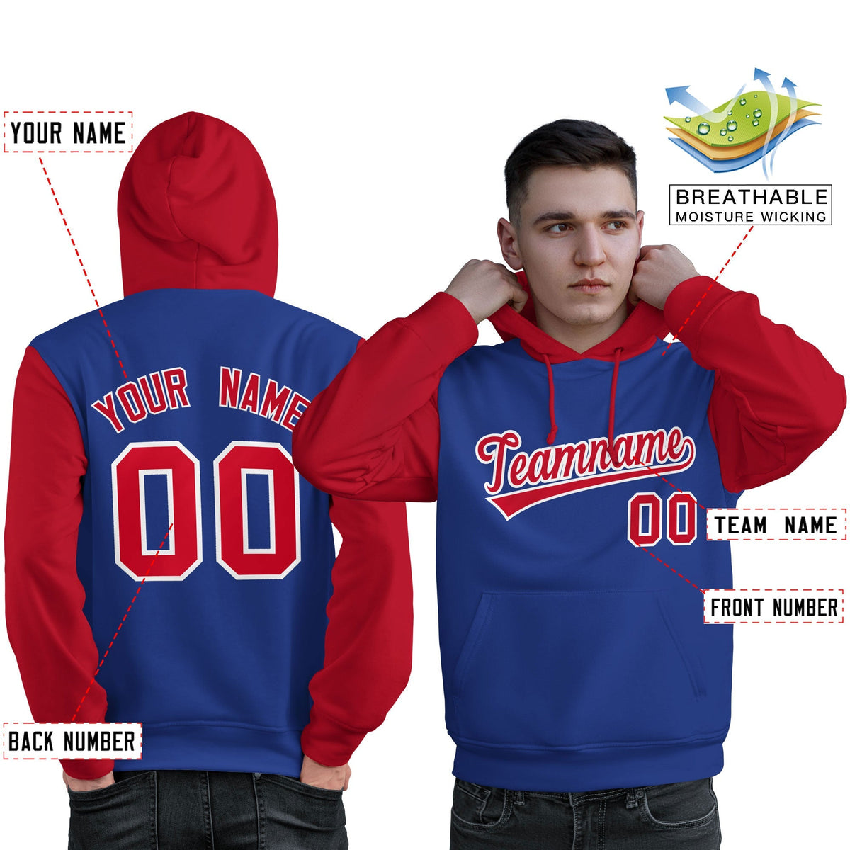 Custom Royal Red-White Raglan Sleeves Pullover Personalized Sweatshirt Hoodie| KXKSHOP