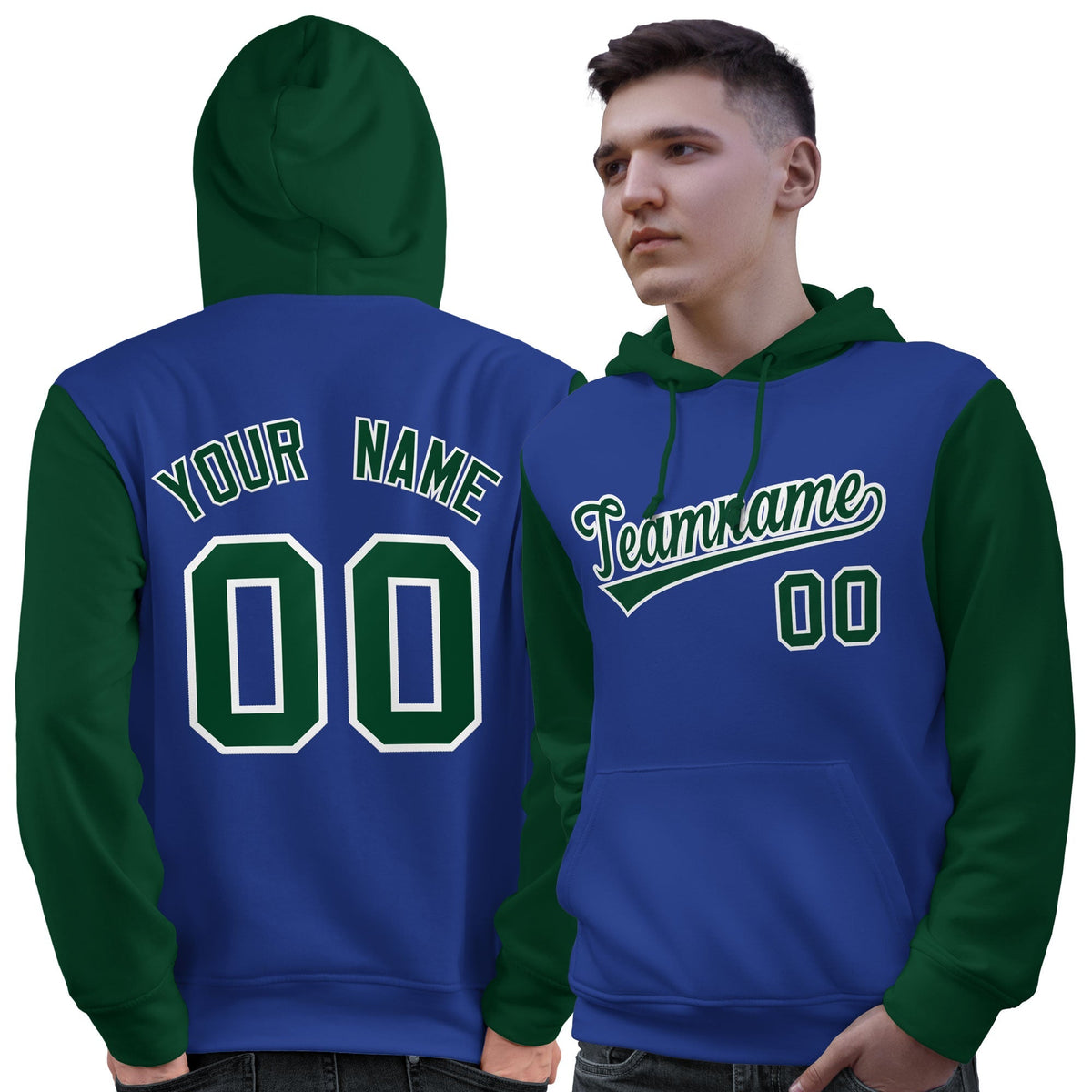 Custom Royal Green-White Raglan Sleeves Pullover Personalized Sweatshirt Hoodie| KXKSHOP