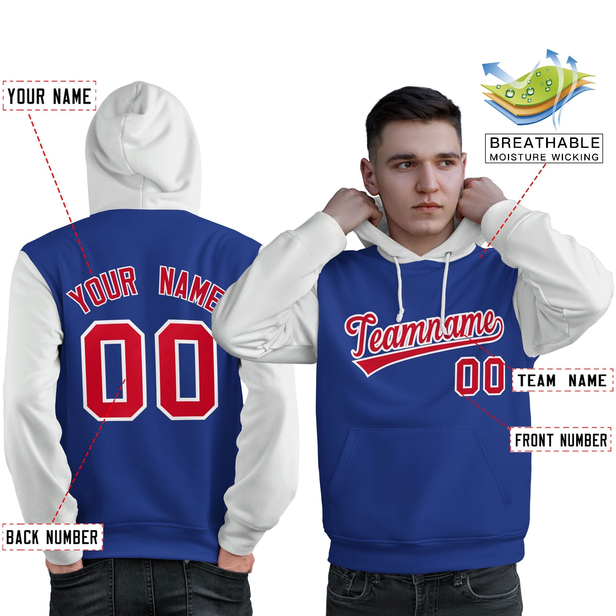 Custom Royal Red-White Raglan Sleeves Pullover Personalized Sweatshirt Hoodie| KXKSHOP