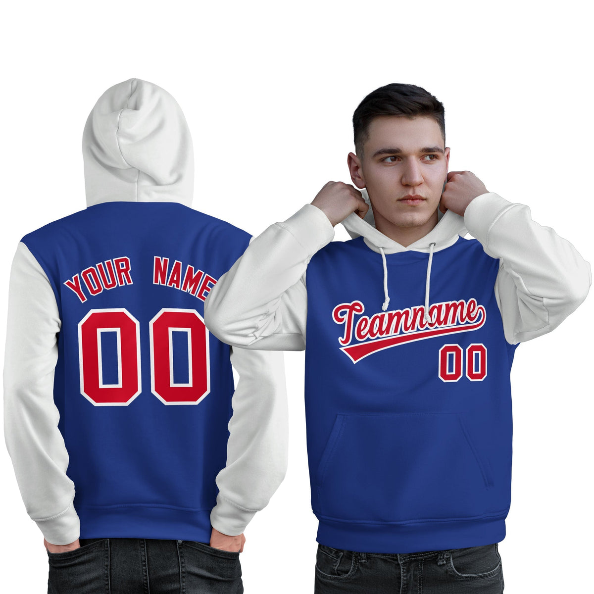 Custom Royal Red-White Raglan Sleeves Pullover Personalized Sweatshirt Hoodie| KXKSHOP