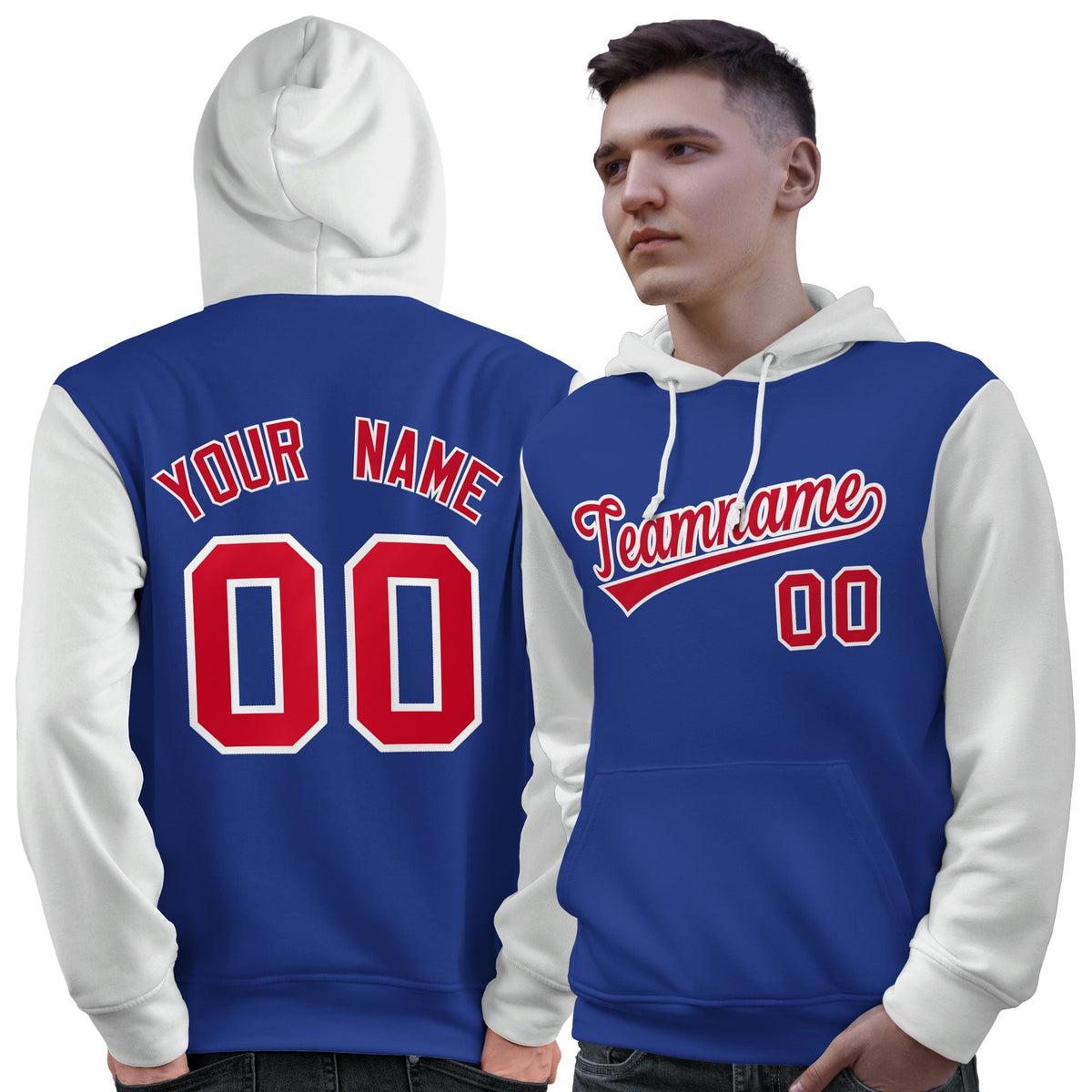 Custom Royal Red-White Raglan Sleeves Pullover Personalized Sweatshirt Hoodie| KXKSHOP