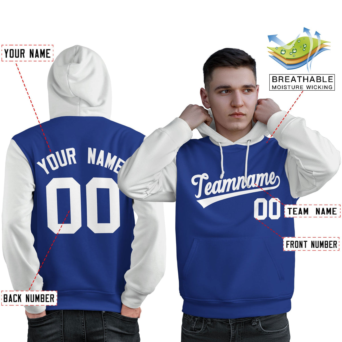 Custom Royal White Raglan Sleeves Pullover Personalized Sweatshirt Hoodie| KXKSHOP