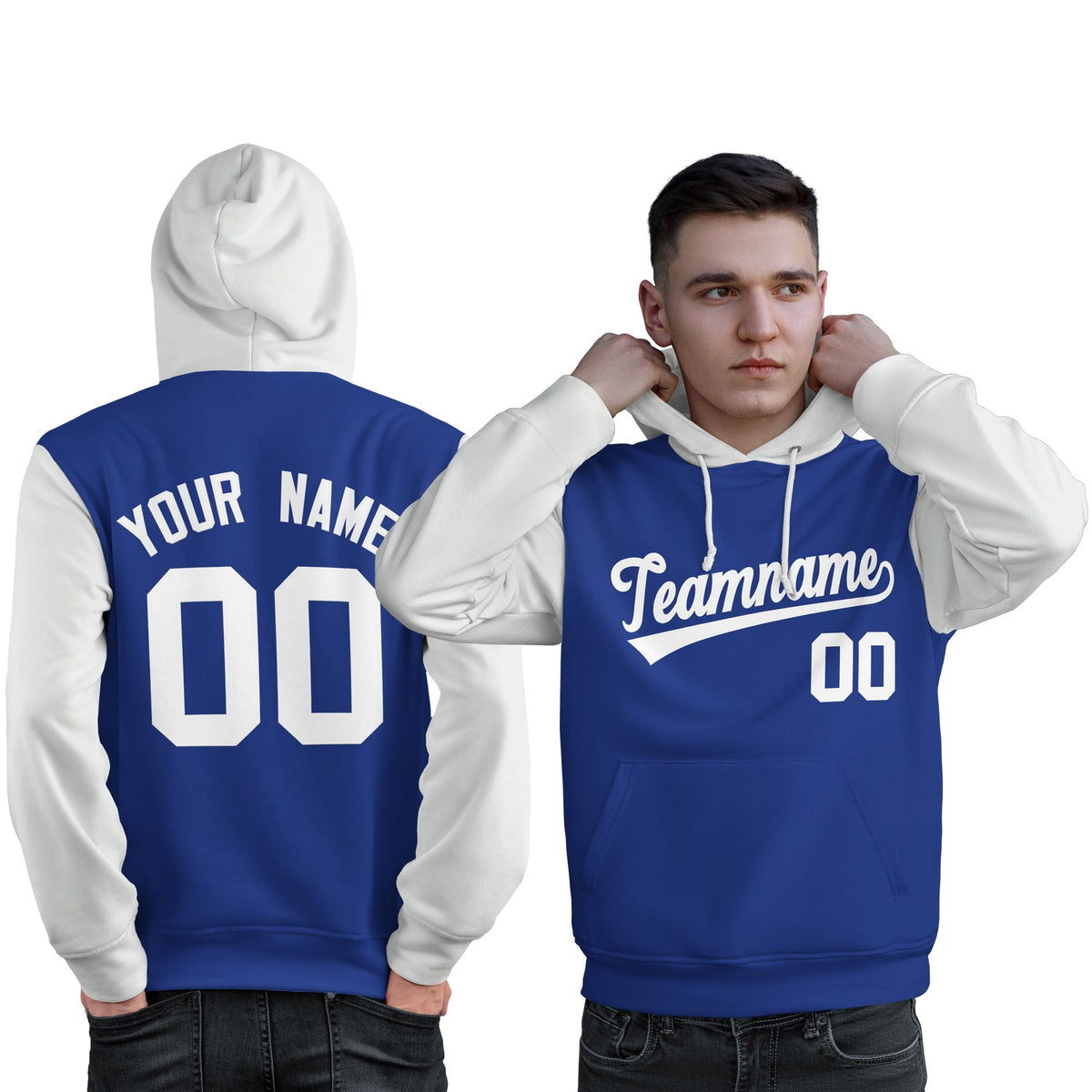 Custom Royal White Raglan Sleeves Pullover Personalized Sweatshirt Hoodie| KXKSHOP