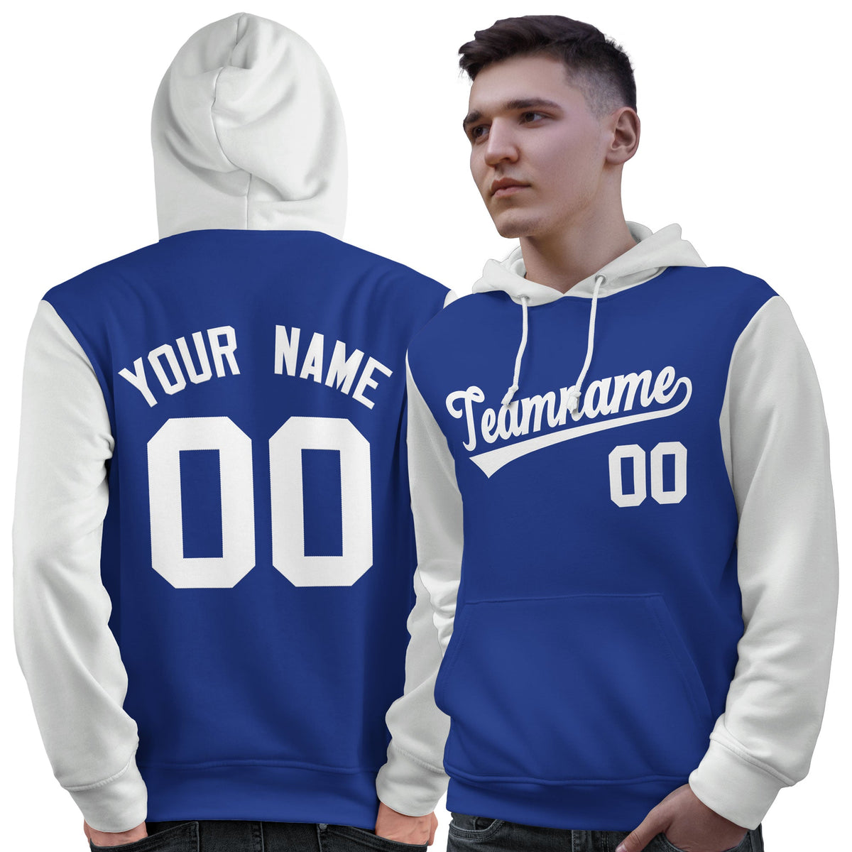 Custom Royal White Raglan Sleeves Pullover Personalized Sweatshirt Hoodie| KXKSHOP