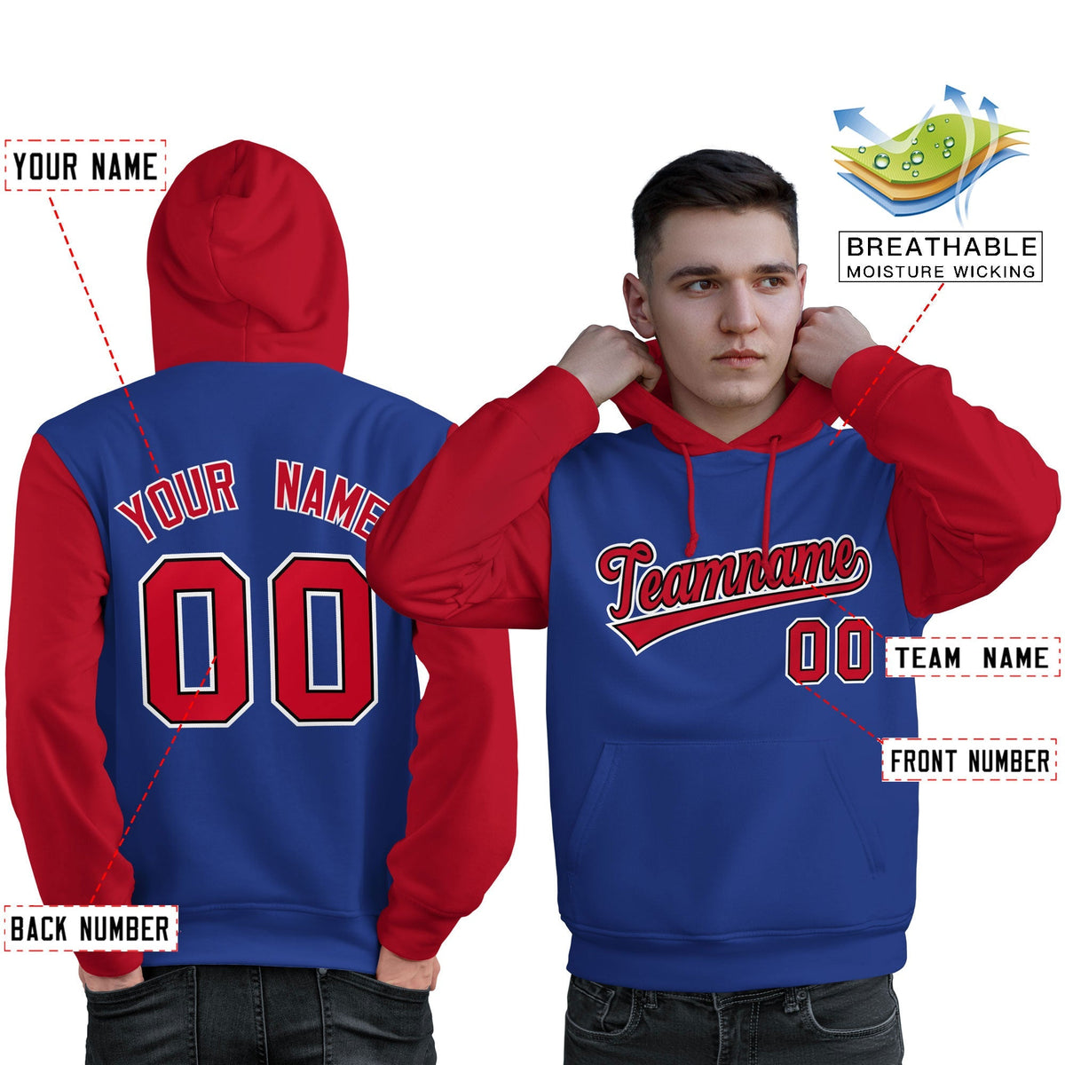 Custom Royal Red-White Raglan Sleeves Pullover Personalized Sweatshirt Hoodie| KXKSHOP