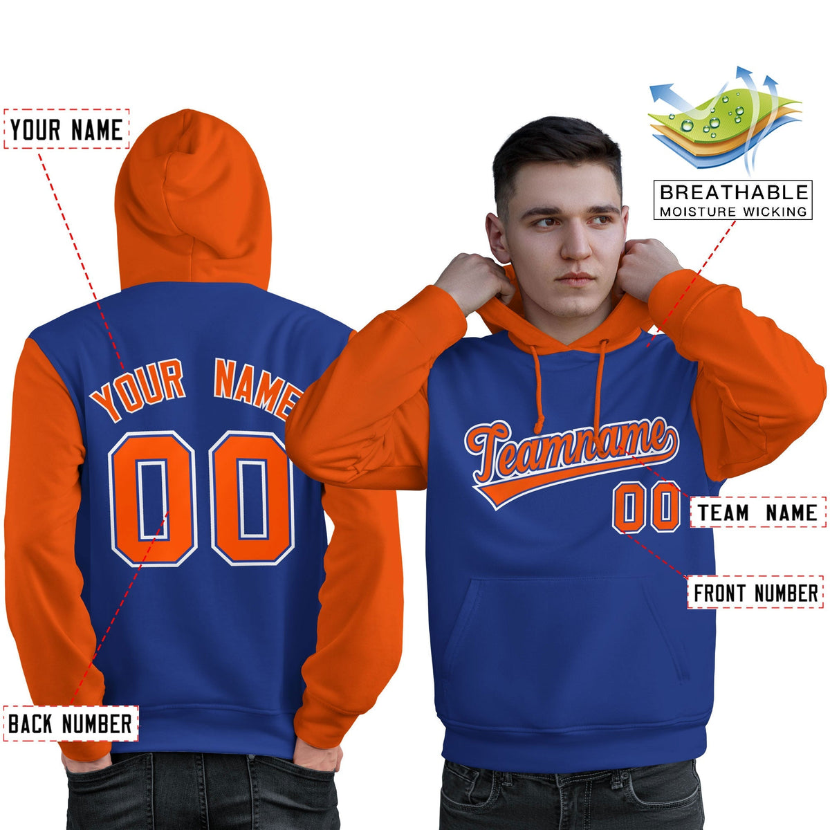 Custom Royal Orange-White Raglan Sleeves Pullover Personalized Sweatshirt Hoodie| KXKSHOP