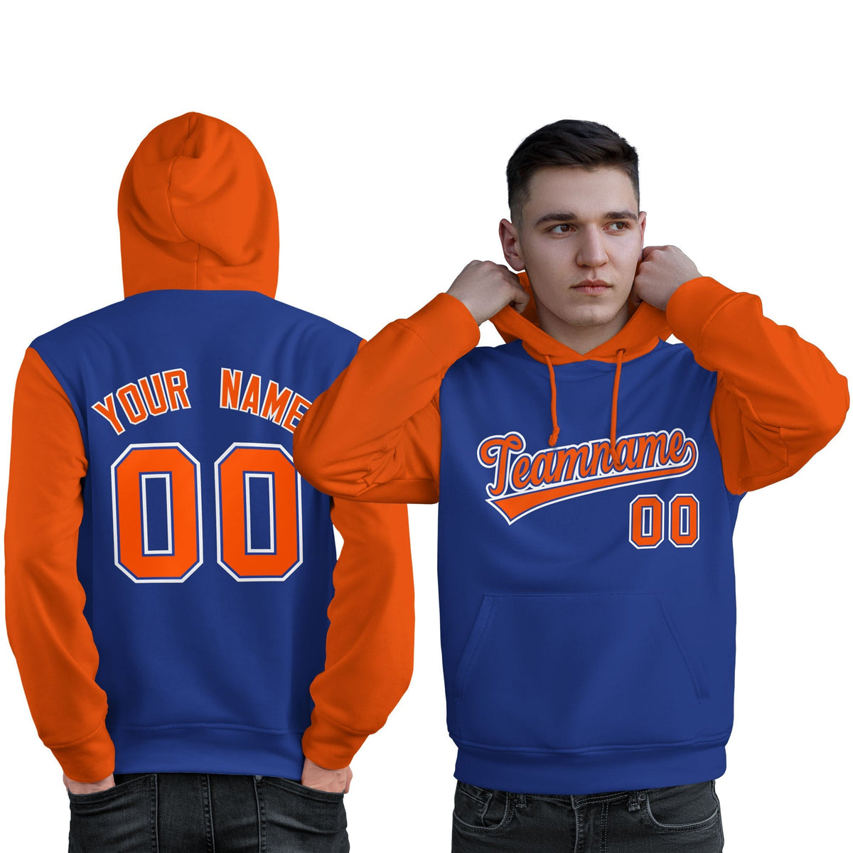 Custom Royal Orange-White Raglan Sleeves Pullover Personalized Sweatshirt Hoodie| KXKSHOP