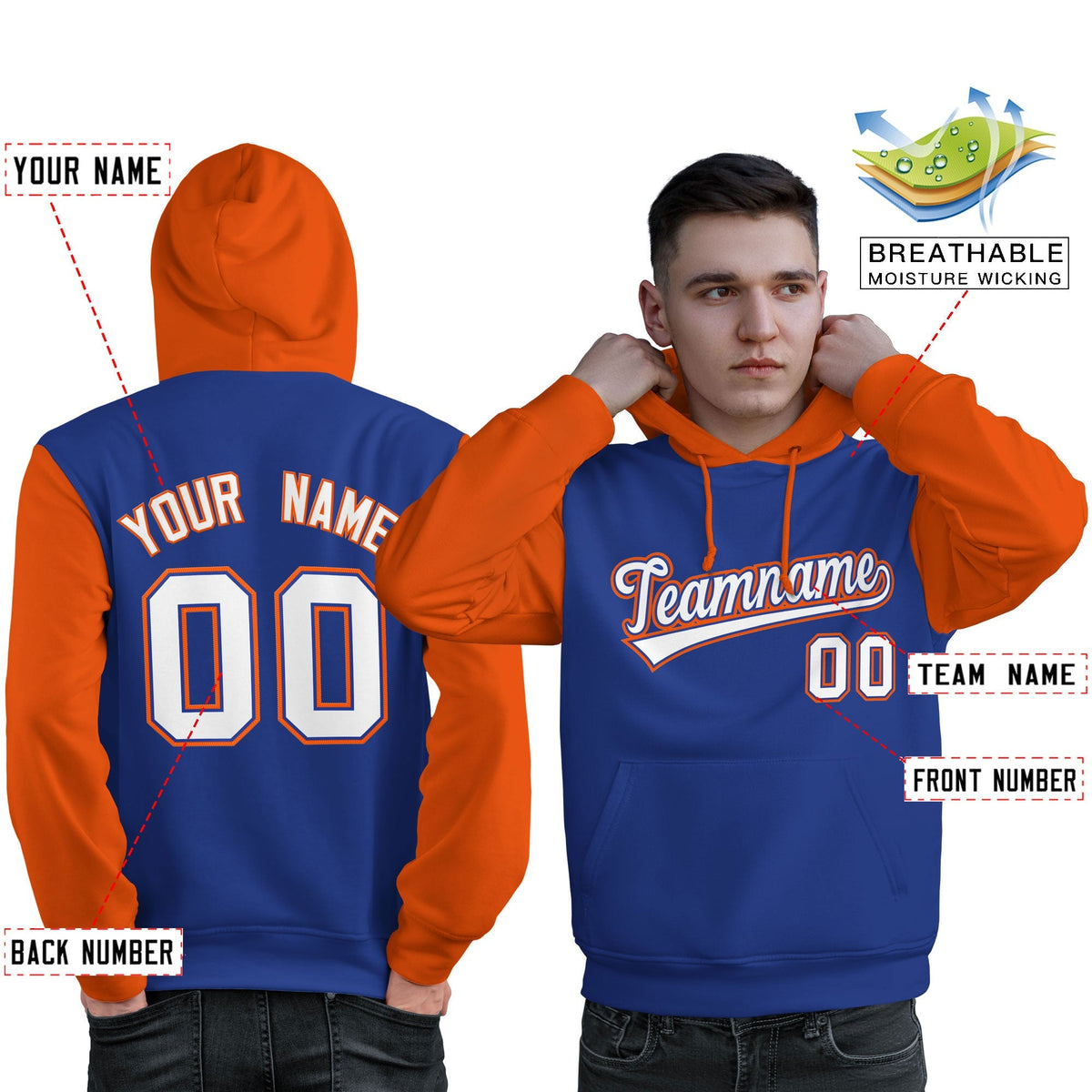 Custom Royal White-Orange Raglan Sleeves Pullover Personalized Sweatshirt Hoodie| KXKSHOP