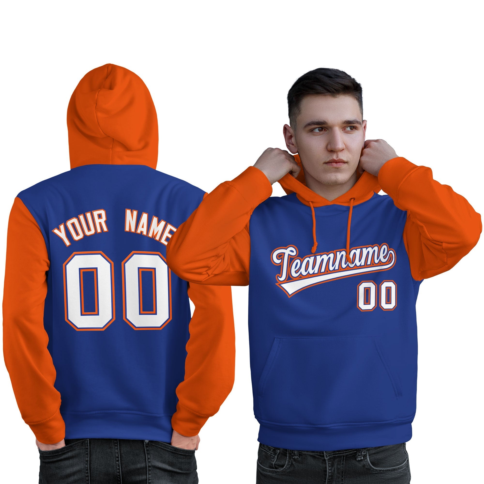 Custom Royal White-Orange Raglan Sleeves Pullover Personalized Sweatshirt Hoodie| KXKSHOP