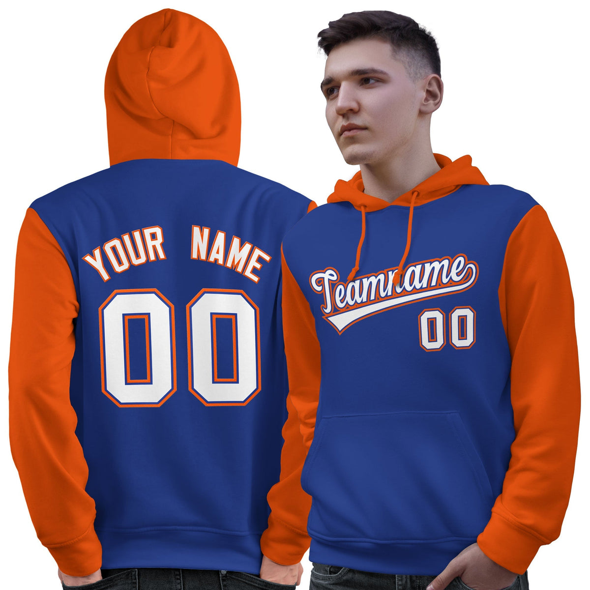 Custom Royal White-Orange Raglan Sleeves Pullover Personalized Sweatshirt Hoodie| KXKSHOP