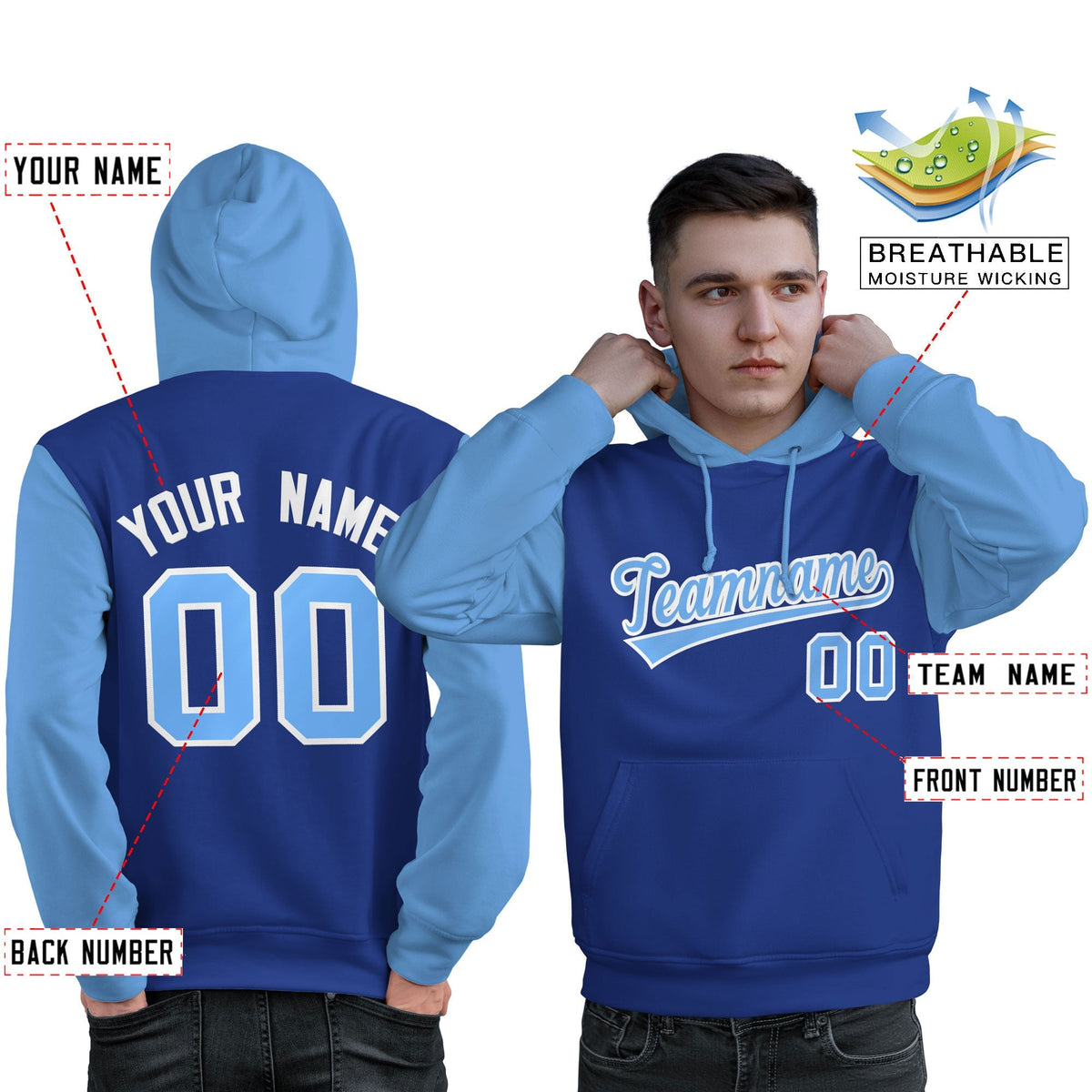 Custom Royal Light Blue-White Raglan Sleeves Pullover Personalized Sweatshirt Hoodie| KXKSHOP