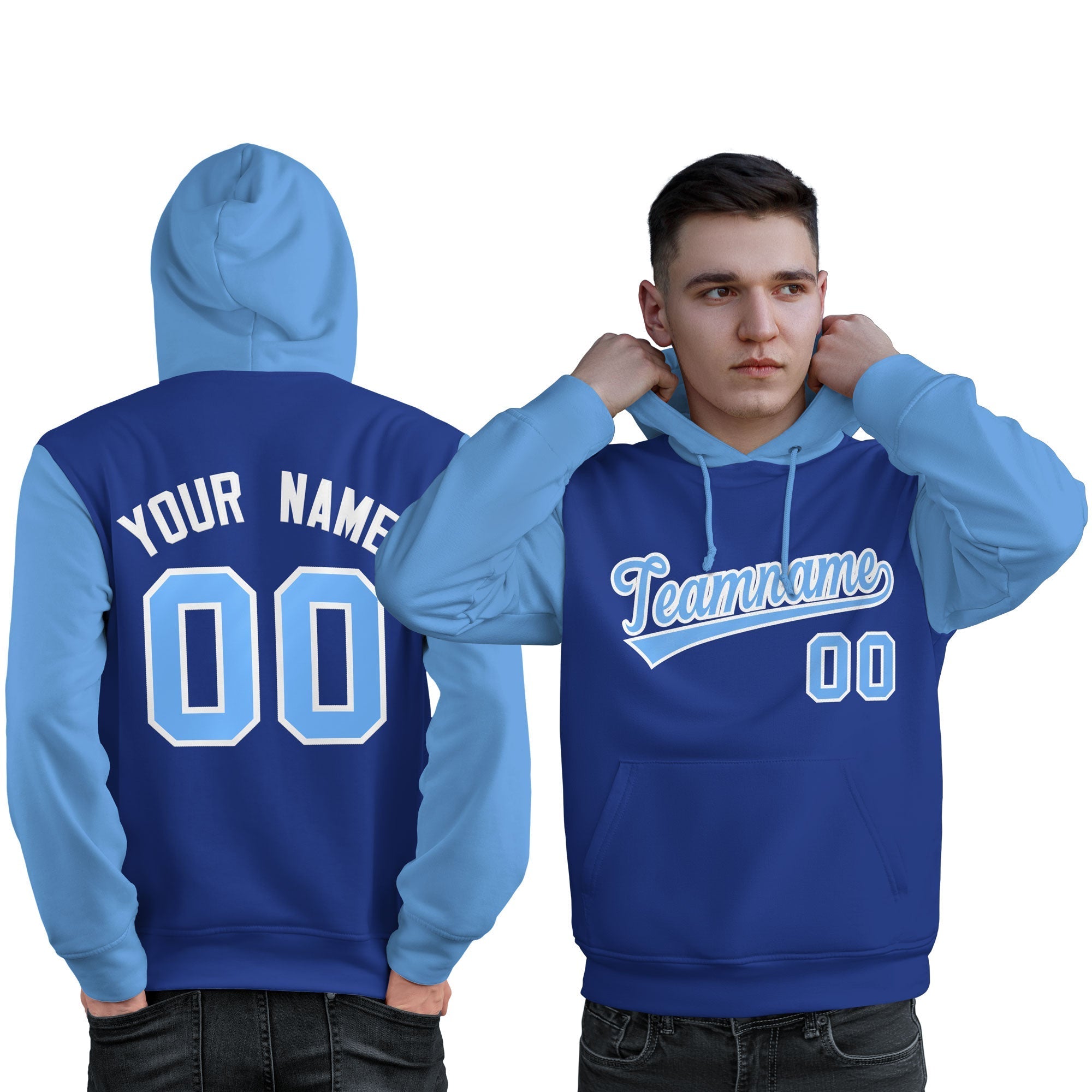 Custom Royal Light Blue-White Raglan Sleeves Pullover Personalized Sweatshirt Hoodie| KXKSHOP
