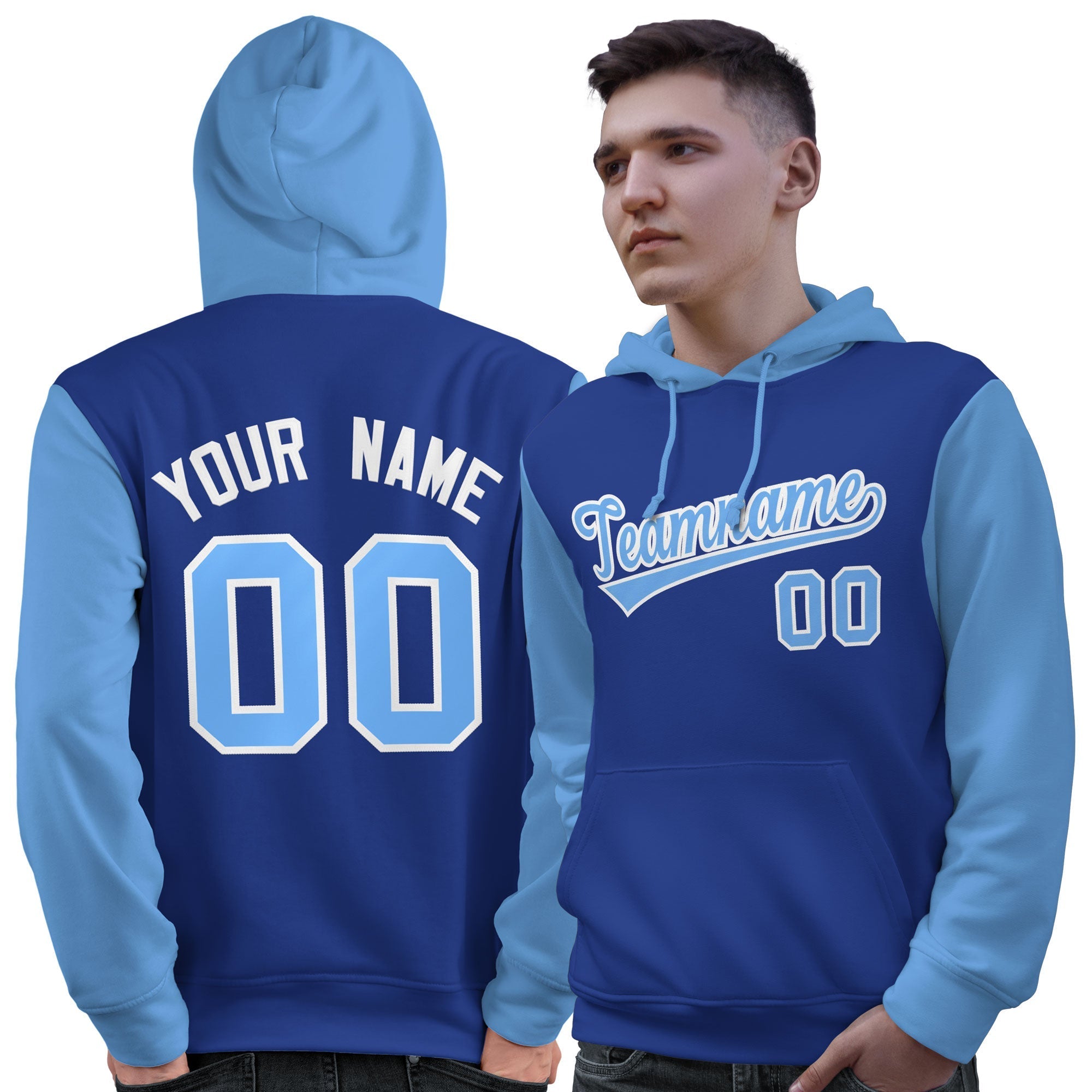 Custom Royal Light Blue-White Raglan Sleeves Pullover Personalized Sweatshirt Hoodie| KXKSHOP