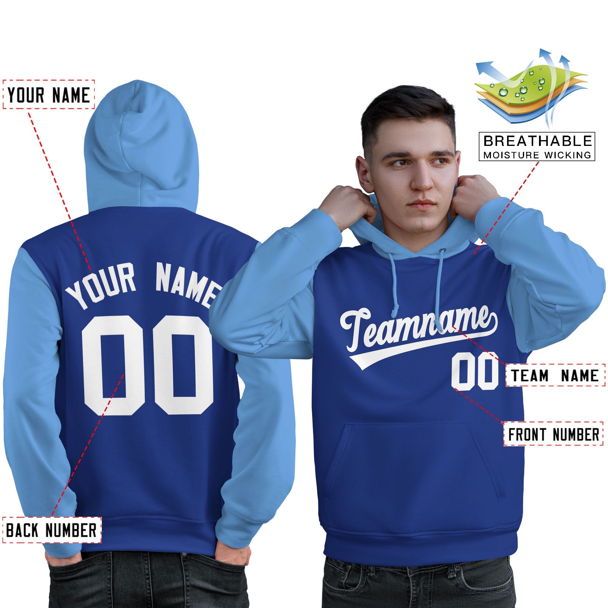 Custom Royal White-Light Blue Raglan Sleeves Pullover Personalized Sweatshirt Hoodie| KXKSHOP