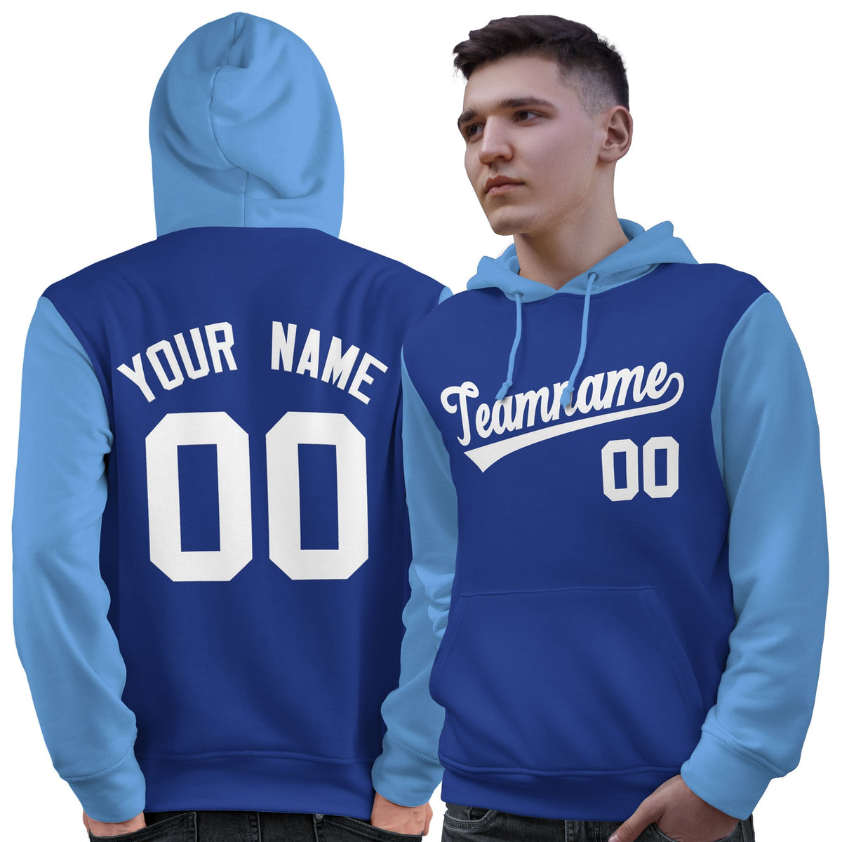 Custom Royal White-Light Blue Raglan Sleeves Pullover Personalized Sweatshirt Hoodie| KXKSHOP